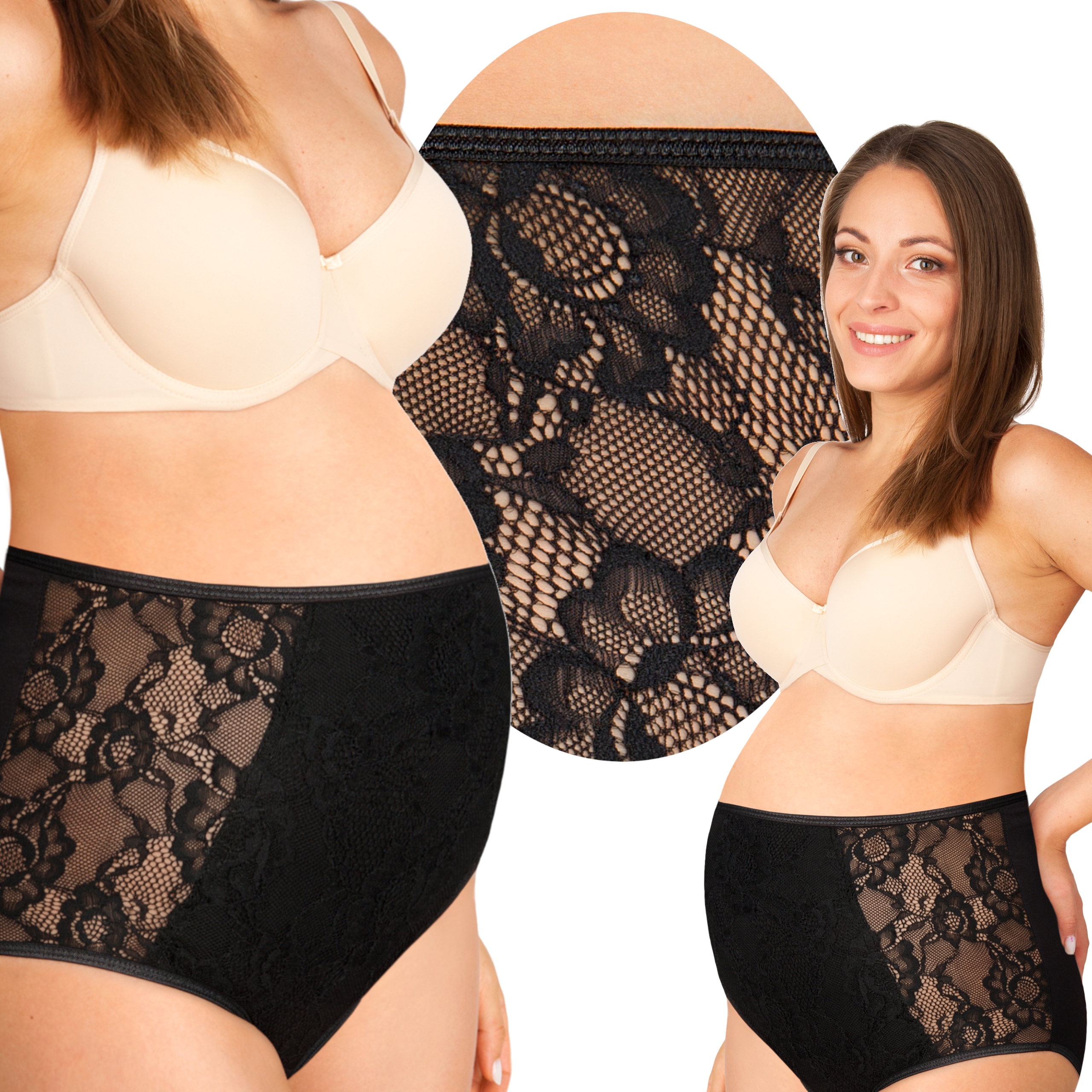 Koronkowe majtki ciążowe profilowany wysoki panel czarne L/XL