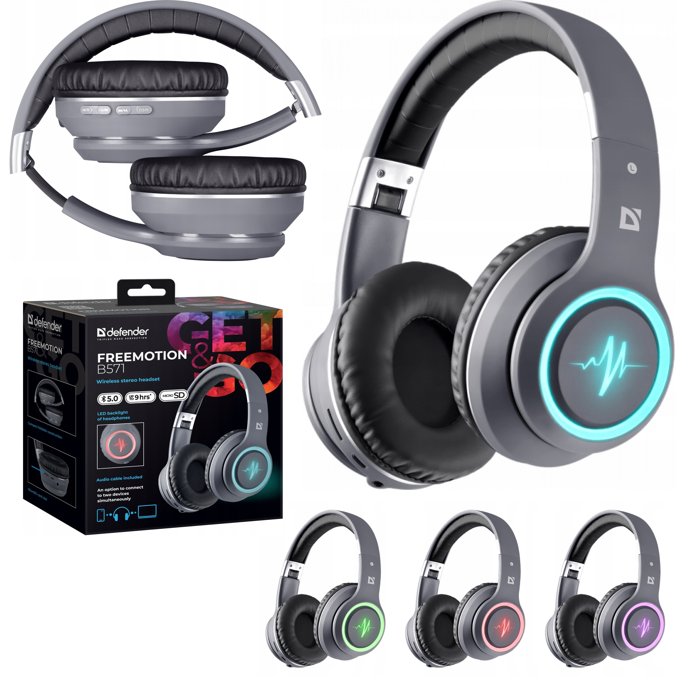 SŁUCHAWKI DEFENDER BLUETOOTH FREEMOTION B571 SZARE LED — 20