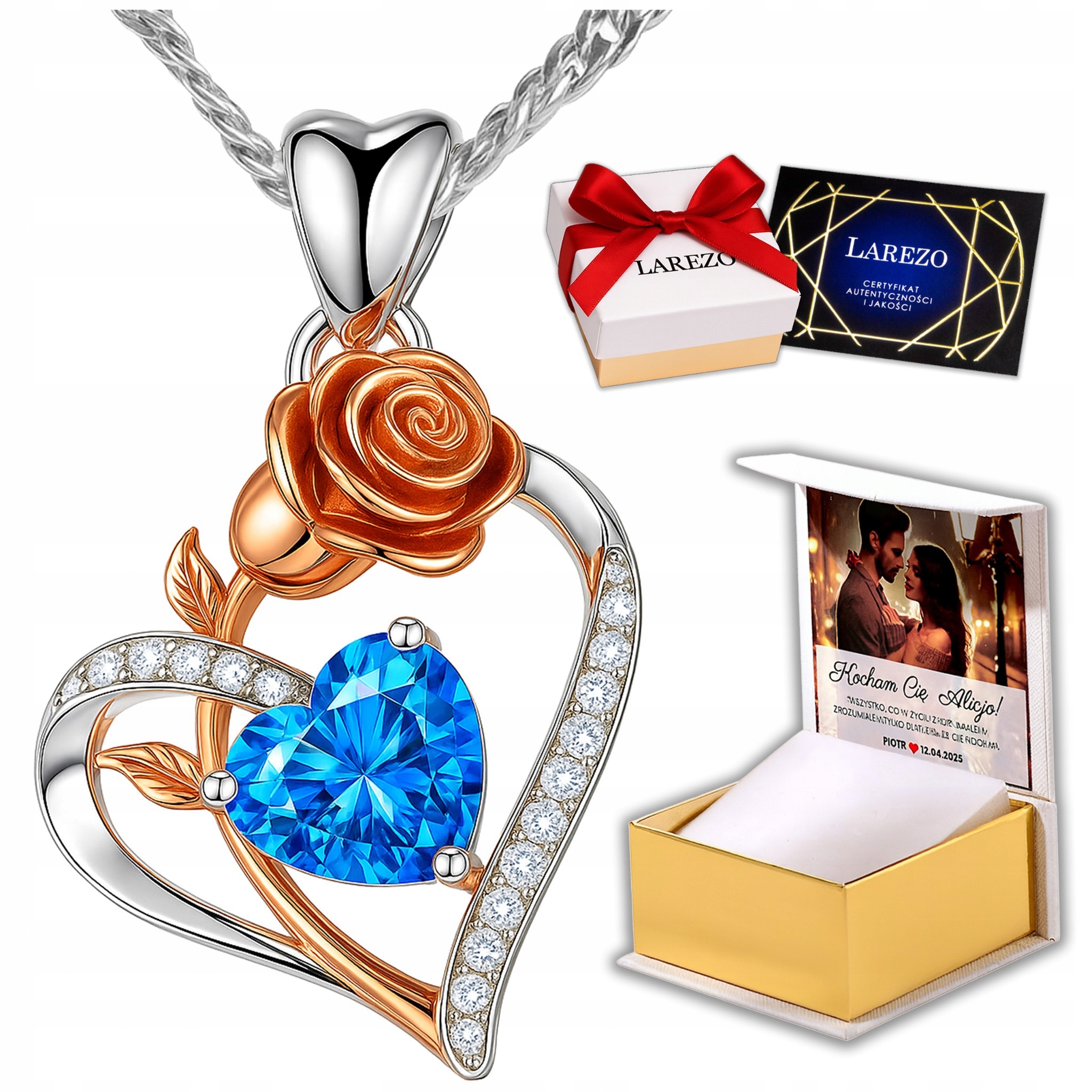 Stříbrný náhrdelník Křišťálové srdce Srdíčko s růží 925 Potisk