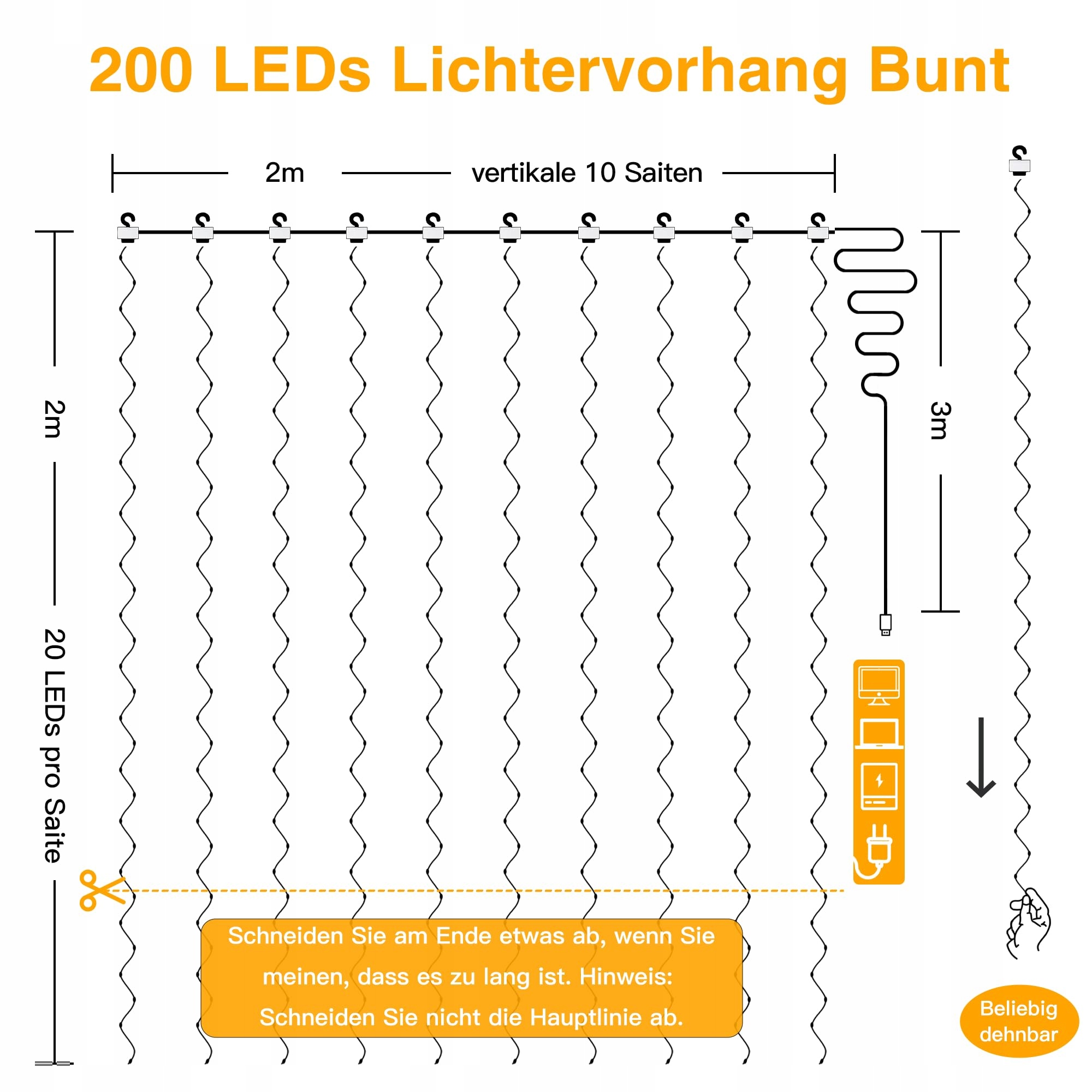 OLLNY KURTYNA GIRLANDA ŚWIETLNA LAMPKI LED 2x2m 200 LED USB — miniatura 4