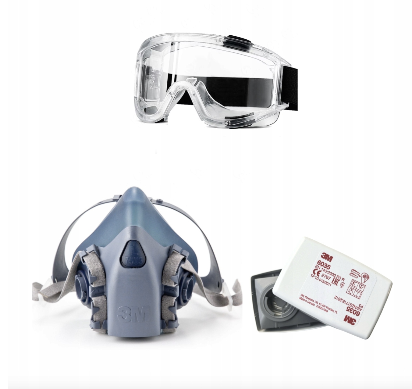 Filtry przeciwpyłowe 3M 6035 z maską 3M 7503 i markowymi okularami