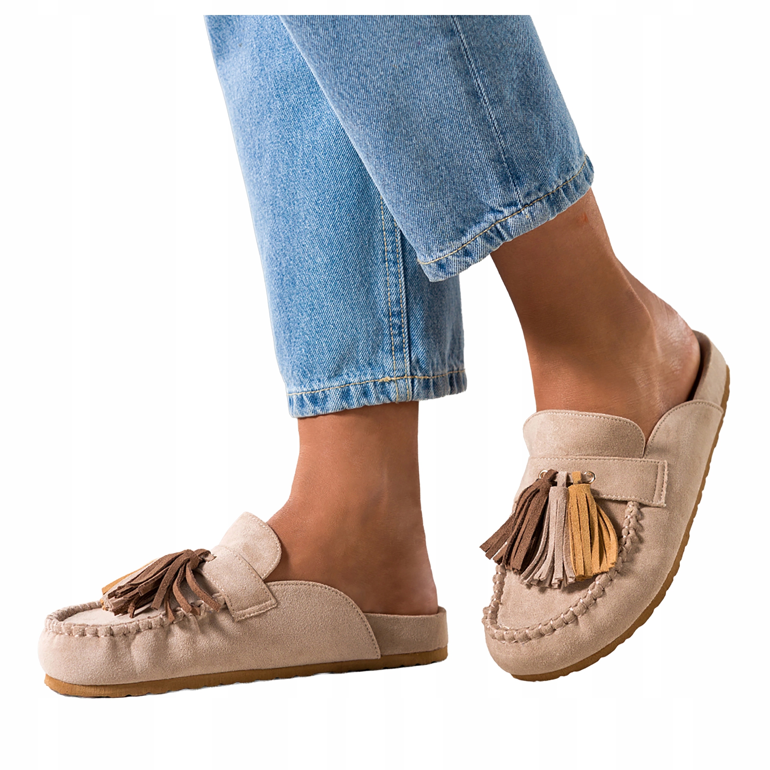 Nazouváky Béžové Dámské S Barevnými Chvojí Semišové Pohodlné Lehké vel. 37