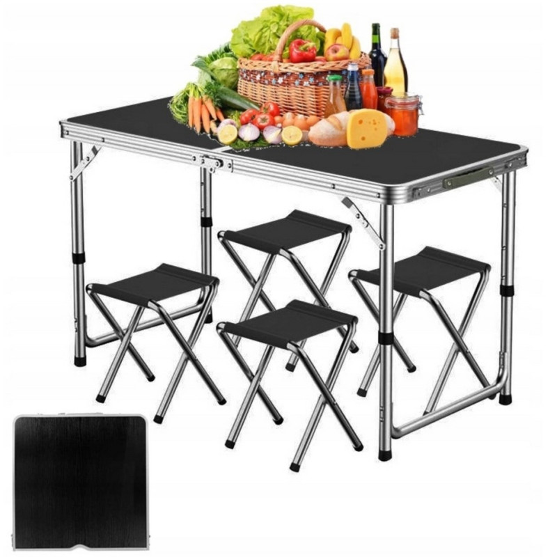 Piknikový Turistický Skládací Stůl Se 4 Židlemi, Hliníkový, Černý
