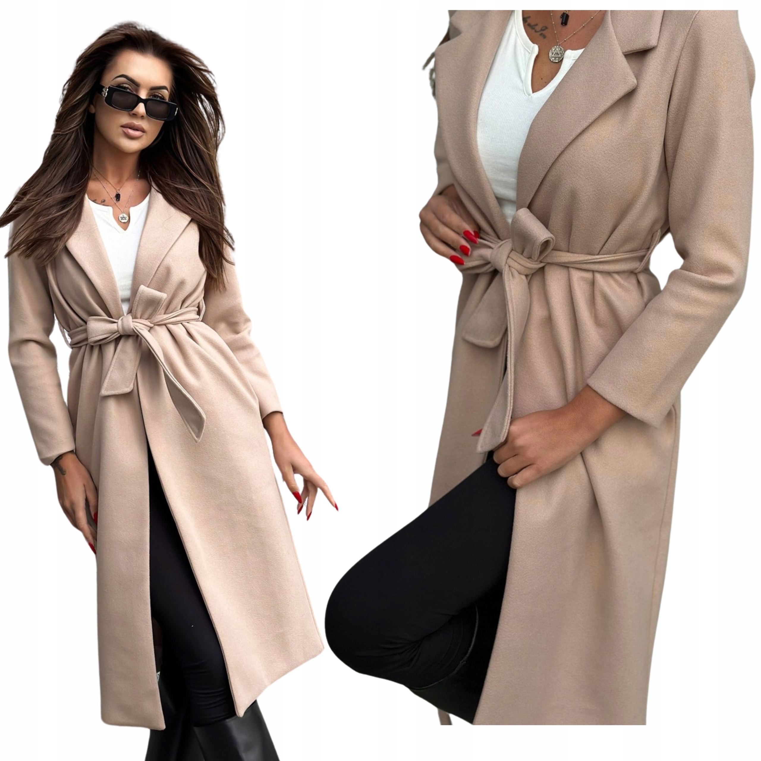 Dámský podzimní kabát elegantní dlouhý se zavazováním 034CLR béžový L