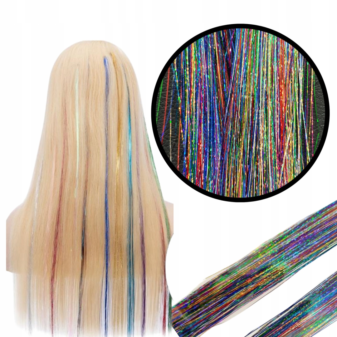 KOLOROWE WŁOSY PASEMKA LŚNIĄCE NITKI DO WŁOSÓW 90cm MULTIKOLOR