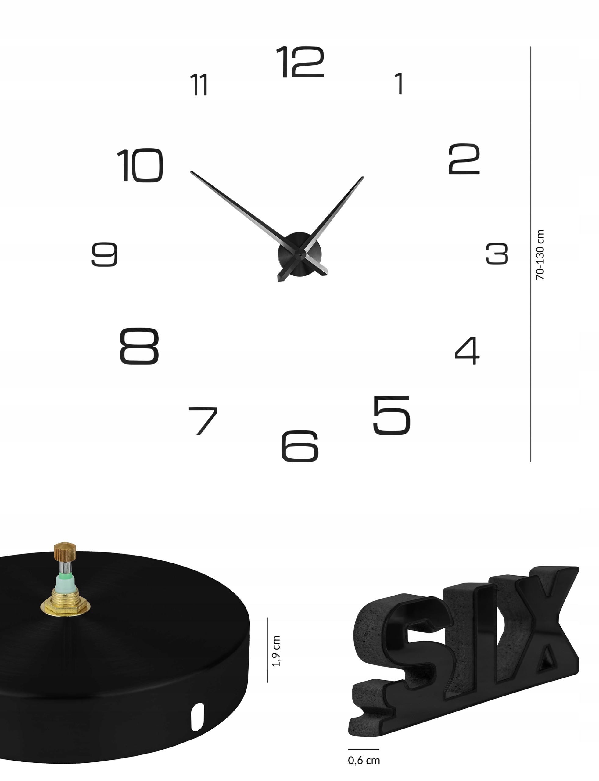 ZEGAR ŚCIENNY DUŻY NOWOCZESNY NAKLEJANY DIY CZARNY Średnica 130 cm