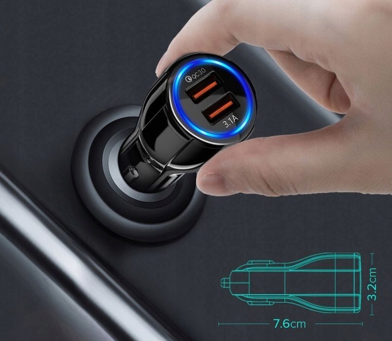 SZYBKA ŁADOWARKA SAMOCHODOWA USB LED QC 3.0 CZARNA Kod producenta INTRLK-CA-002