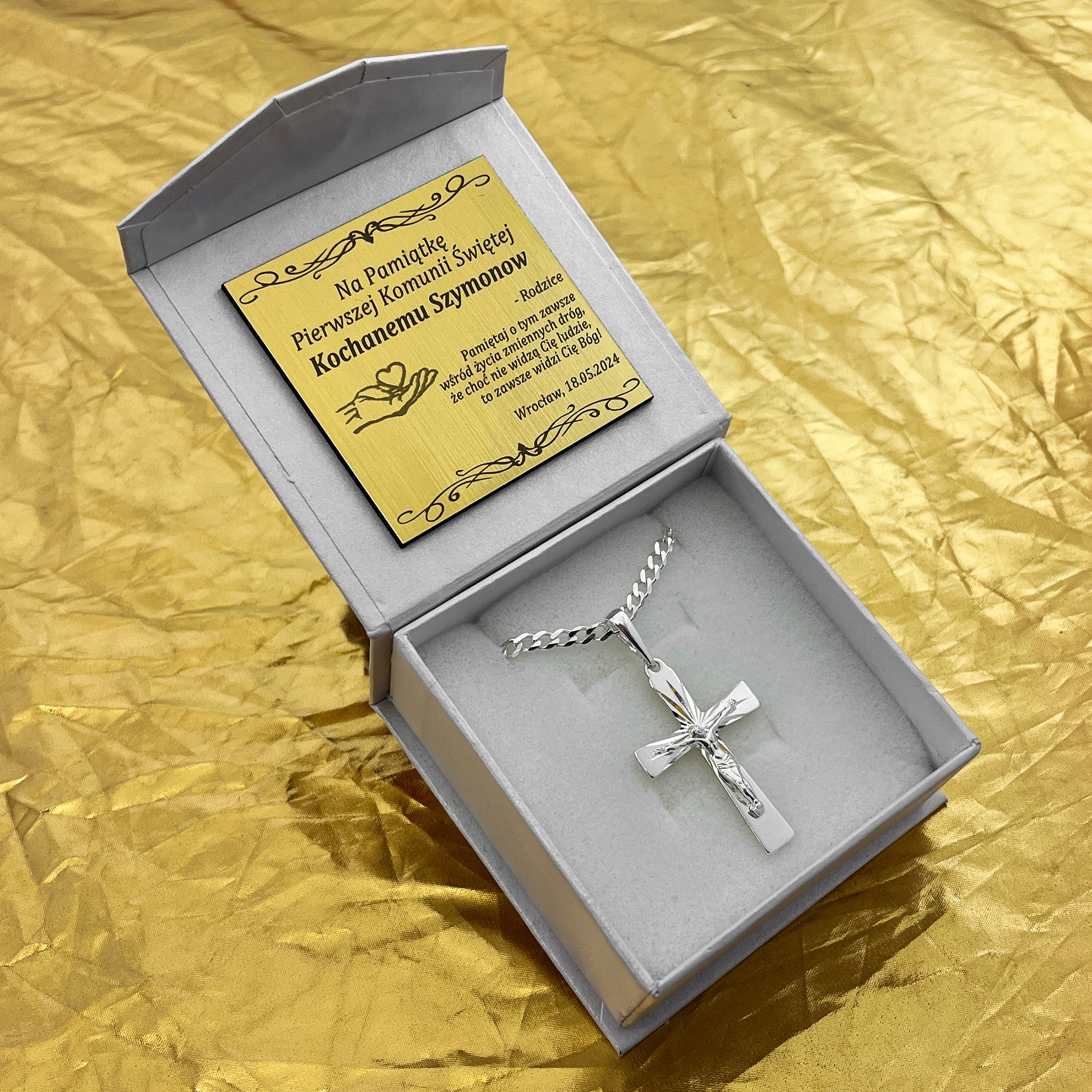 SREBRNY ŁAŃCUSZEK NASZYJNIK PANCERKA Z KRZYŻYKIEM JEZUS 925 +GRAWER PREZENT Marka Golden Celebrity