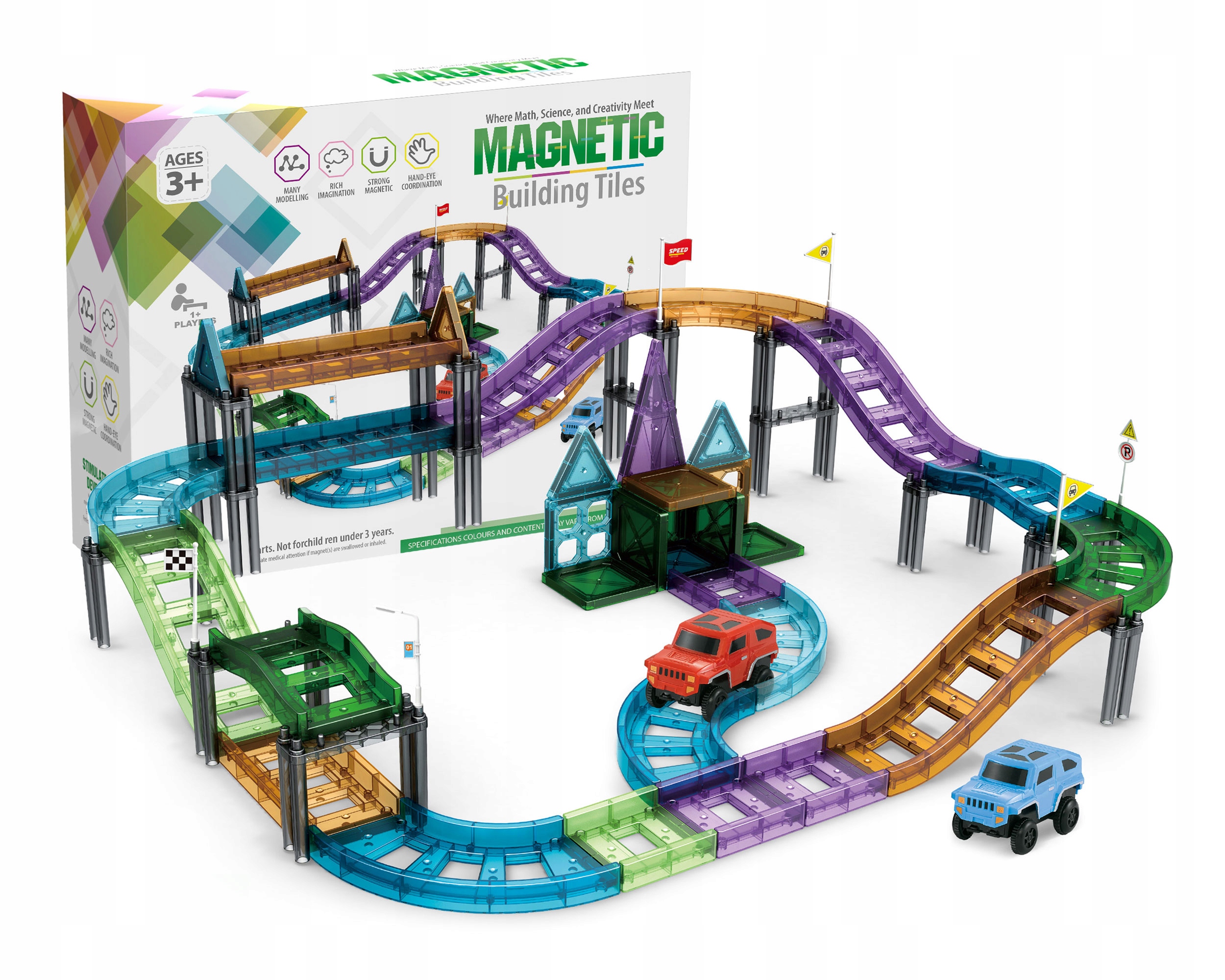 KLOCKI MAGNETYCZNE EDUKACYJNE PANELE KOLEJKA AUTA Wiek dziecka 3 lata +