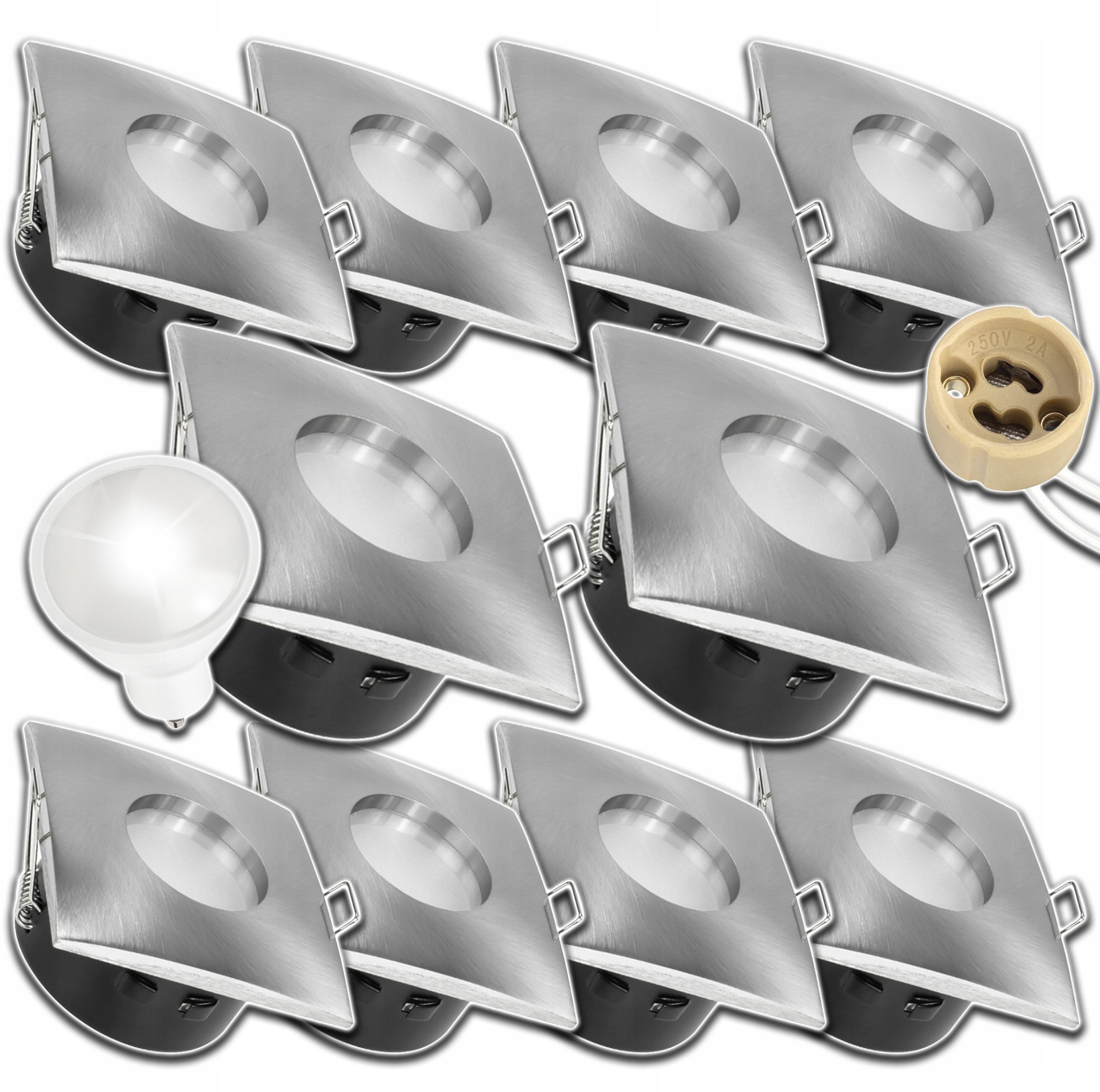10x Stropní Svítidlo Čtvercové Stříbrné IP64 Hermetické+žárovka GU10 1,5W