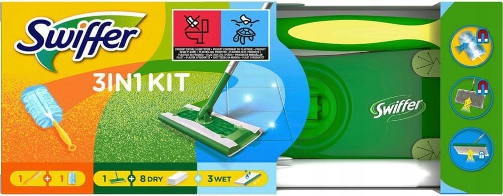 Swiffer Sada mop 8 utěrek 3 mokré, metla: rukojeť náplň 3v1