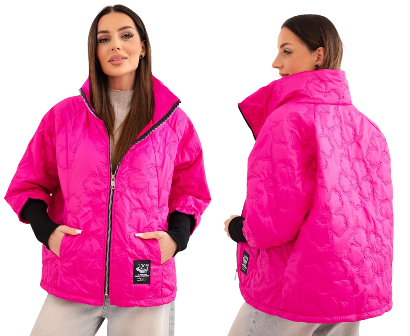 Růžová neonová dámská jarní bunda s kapucí a ozdobným květinovým vzorem