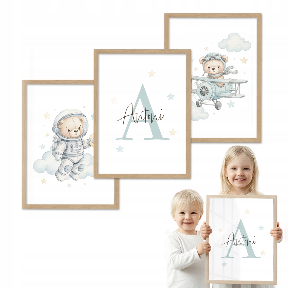 Sada 3 obrazov Medvedík Kosmos S Menom, drevený rámik 50x70 pre dieťa