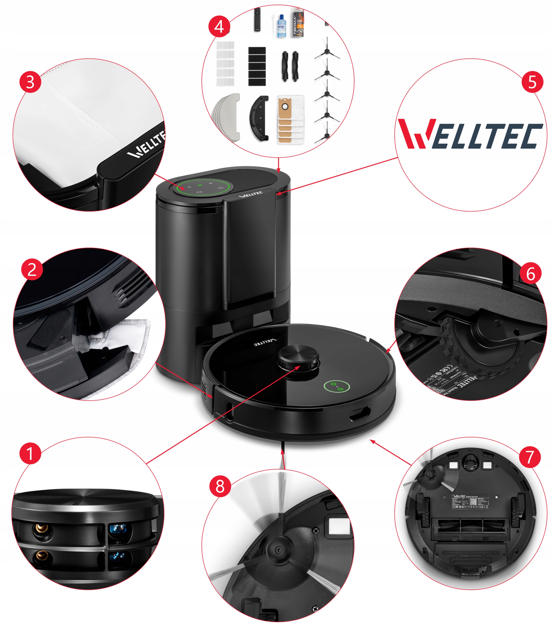 ROBOT SPRZĄTAJĄCY MOPUJĄCY WELLTEC R8 PRO + STACJA ODSYSAJĄCA + AKCESORIA Czas ładowania 240 min