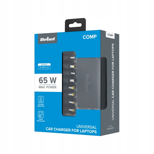 UNIWERSALNY ZASILACZ ŁADOWARKA DO LAPTOPA 65W 12/24V USB 8 wtyczek końcówek