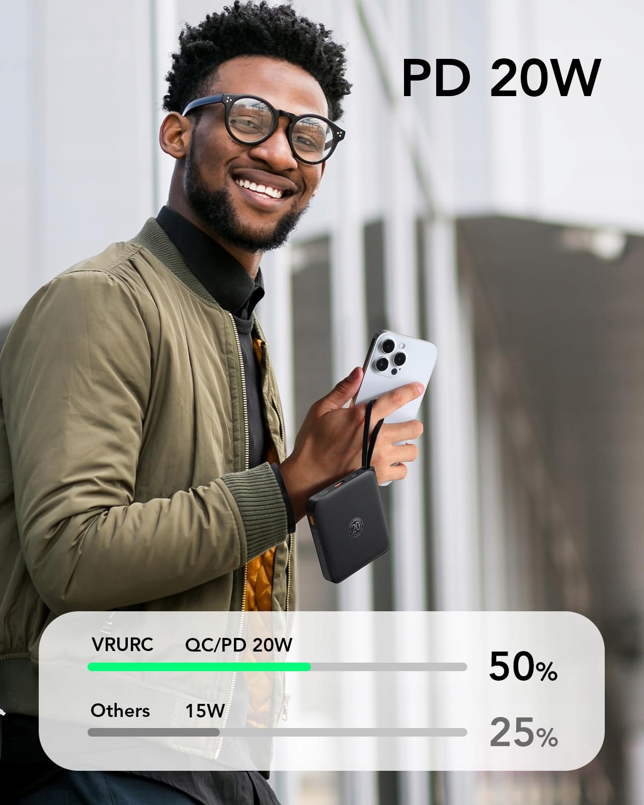 VRURC 10000mAh Power Bank USB C Szybkie Ładowanie dla iPhone Samsung — miniatura 3