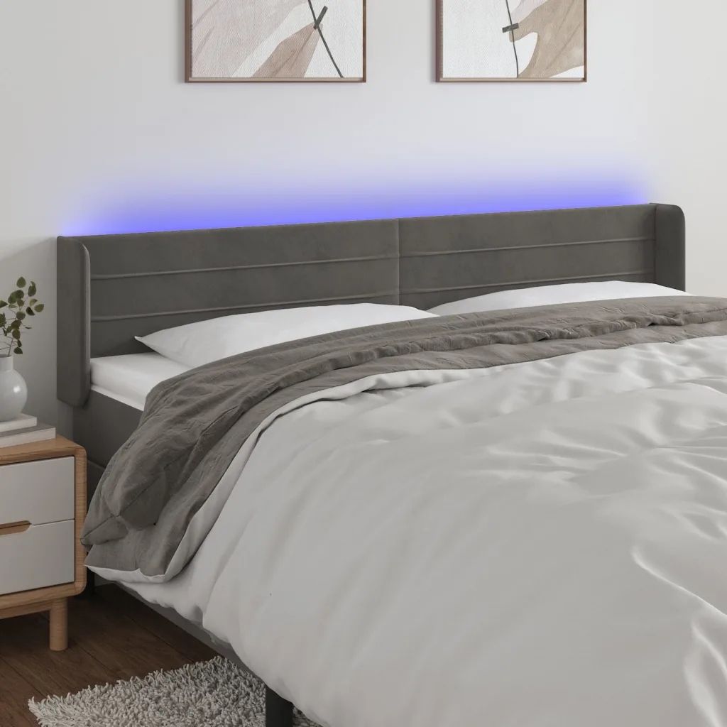 Čelo postele s Led tmavě šedé 183 x 16 x 78/88 cm samet Šedá 3123437