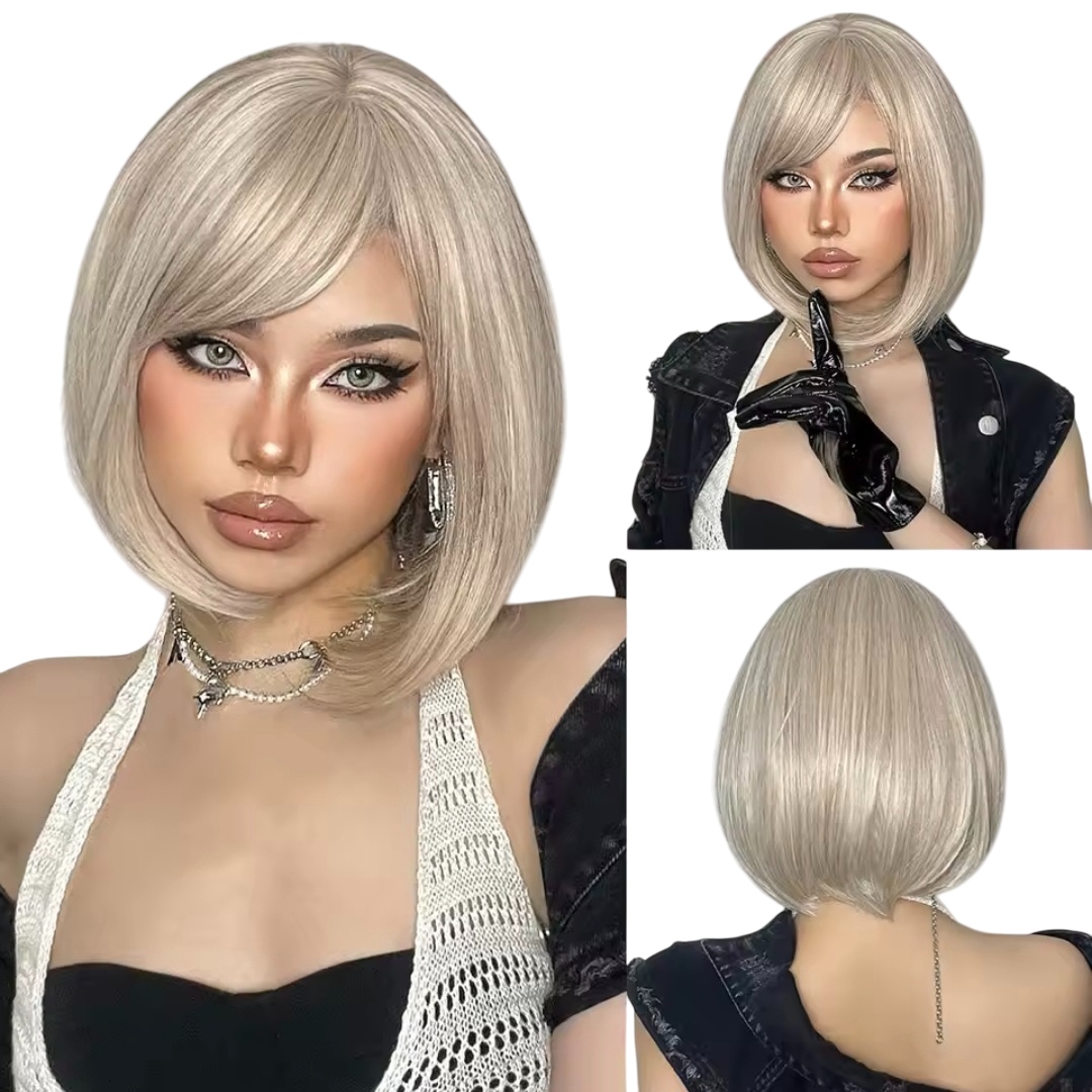 Peruka Damska mleczny blond bob z grzywką włosy jak naturalne czepek