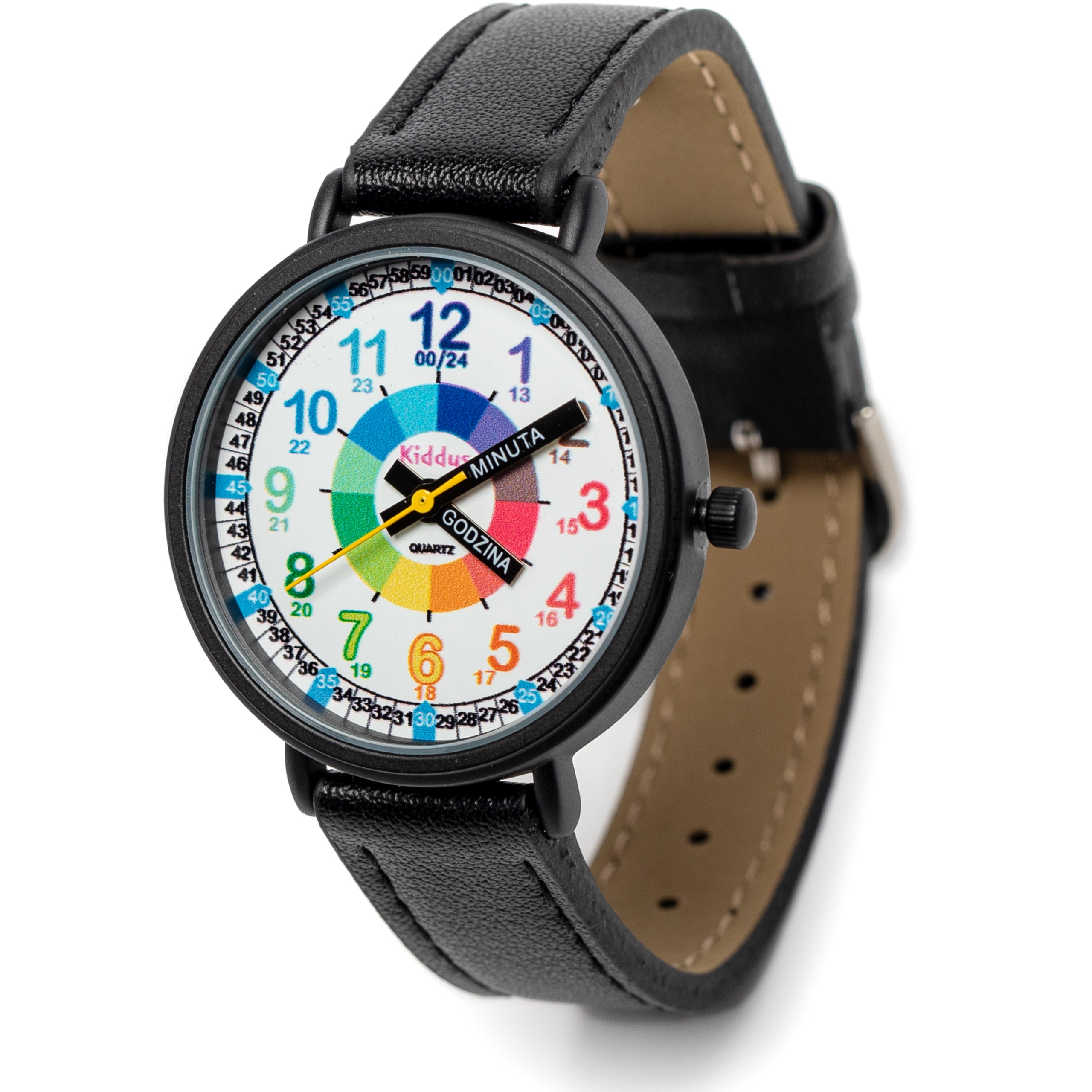 Dětské hodinky Kiddus pro výuku času, v polštině, černé
