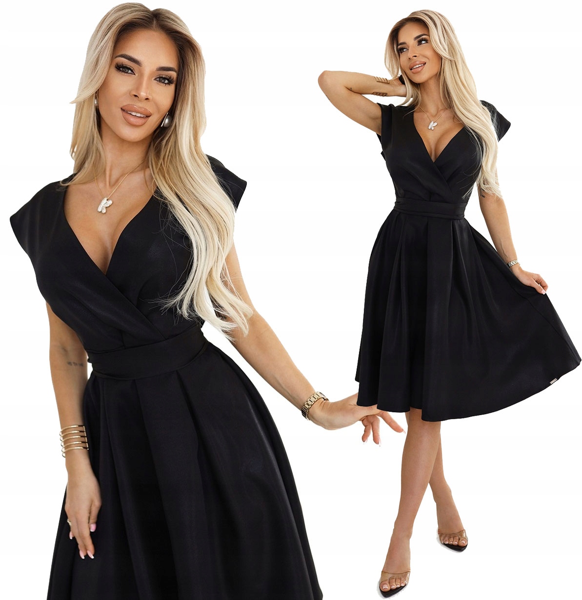 Rozkládací Šaty S Hlubokým Výstřihem, Zavazování V Pase, Černá, Brokátová, Velikost XL