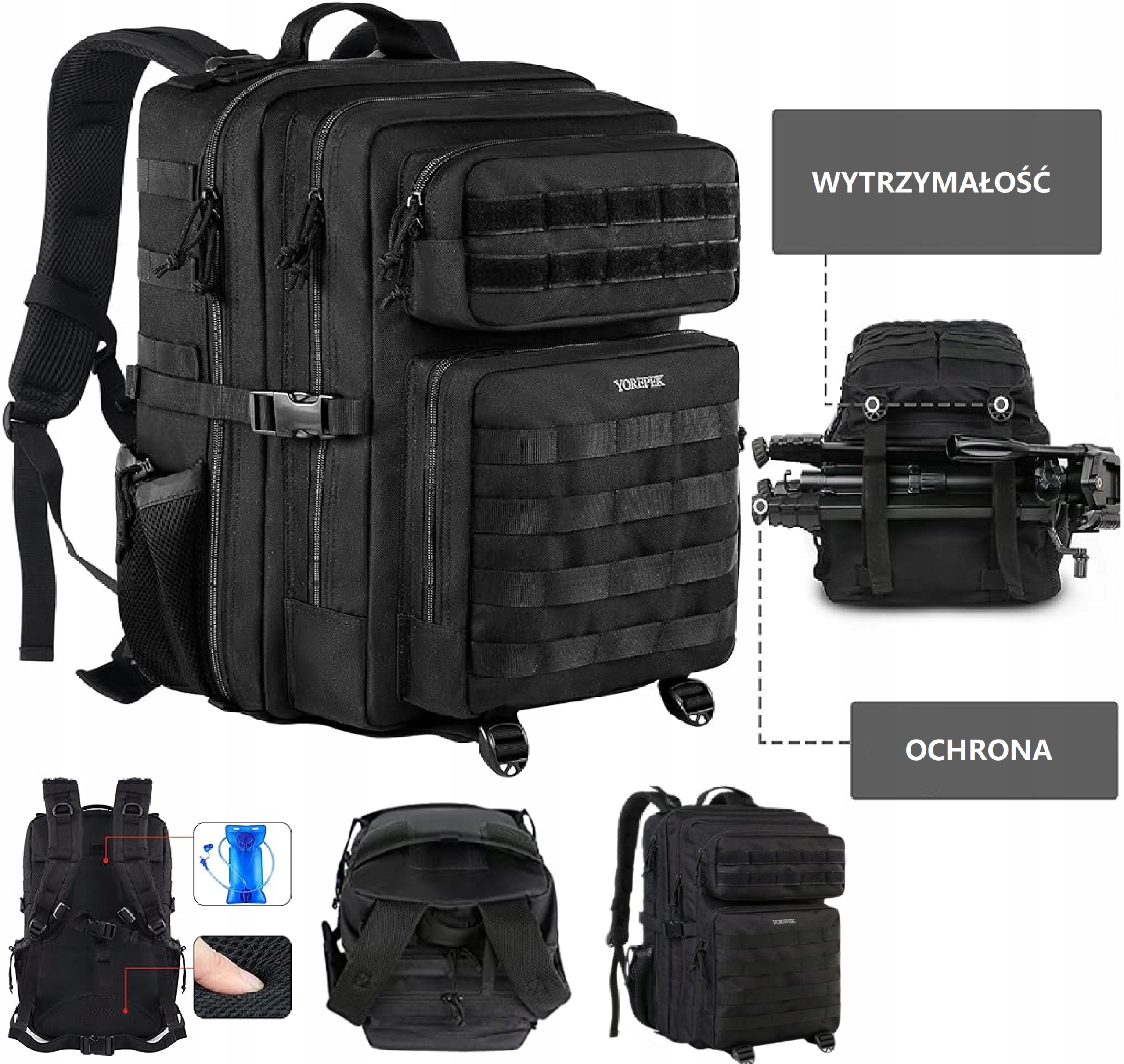 Plecak wojskowy czarny 41-60L wodoodporny z pasem biodrowym i wentylacją