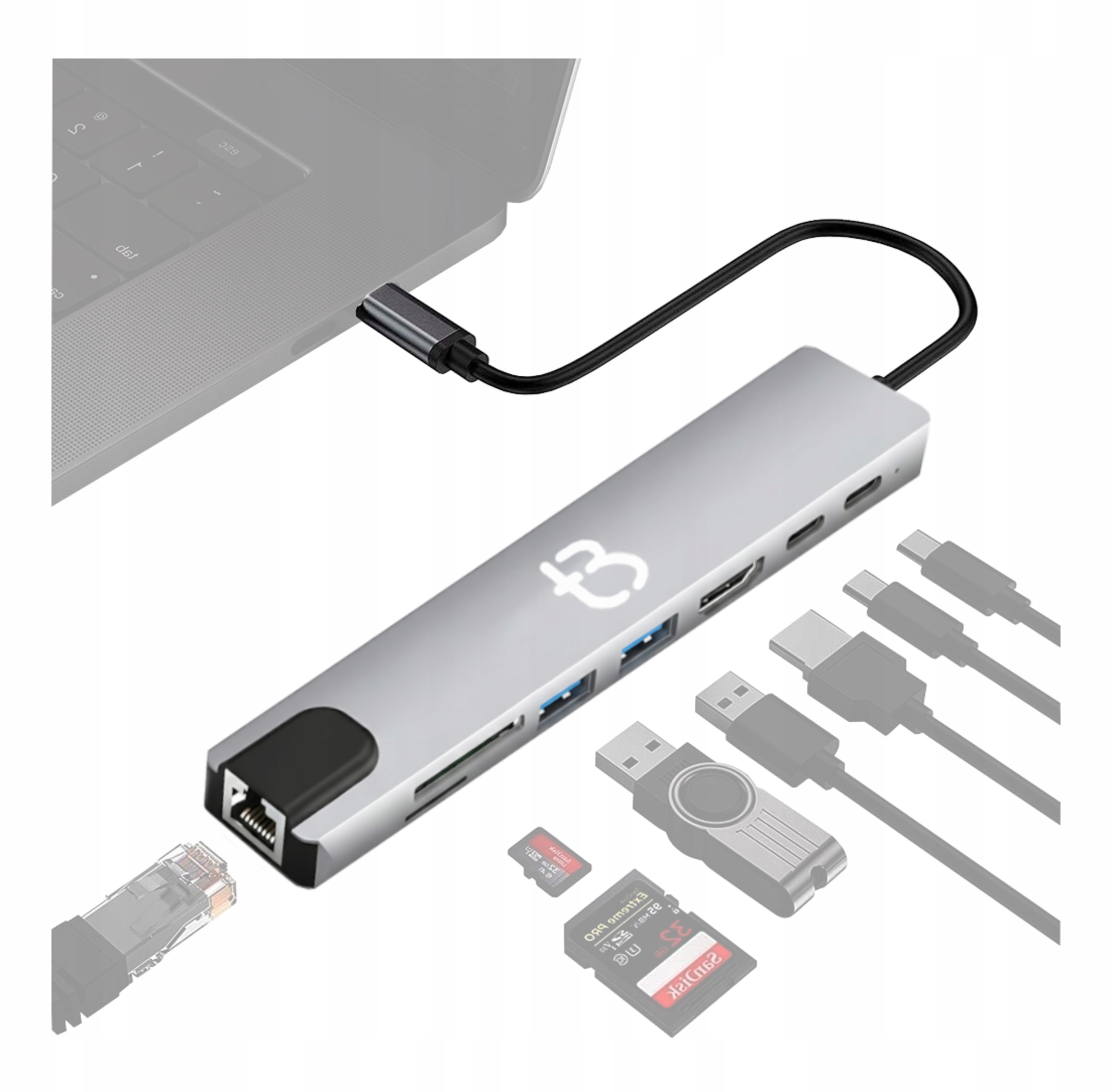 Адаптер USB-C Tradebit 6319 для 8 входов серебристый