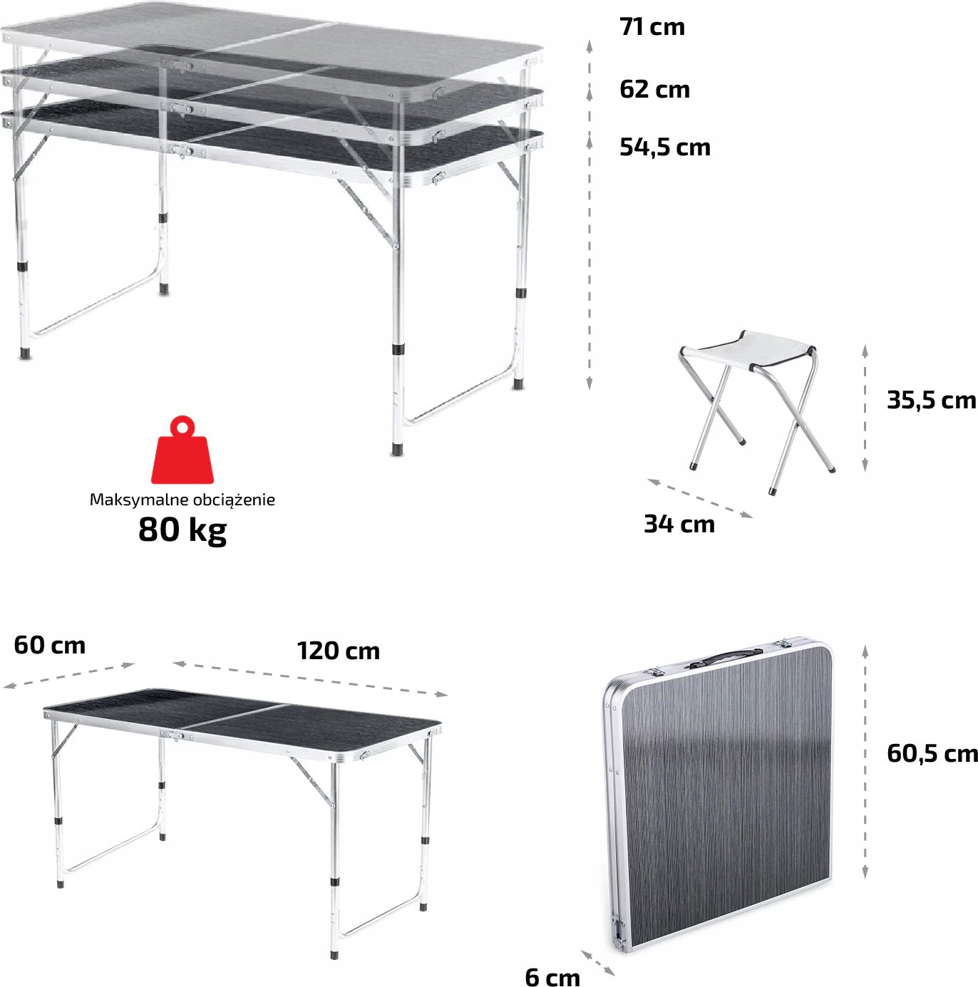 ZESTAW TURYSTYCZNY STÓŁ STOLIK SKŁADANY KEMPINGOWY 4 KRZESŁA SKŁADANE Kolor dominujący czarny