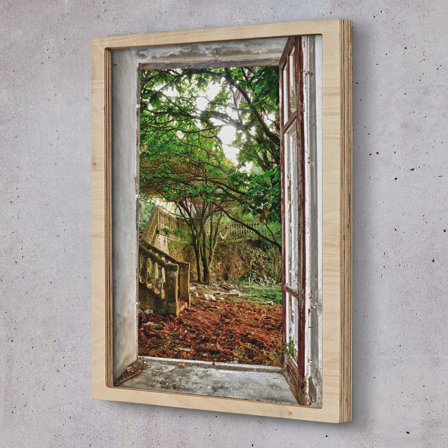 Obraz v rámu na zeď Okno výhled do zahrady 20x30 cm