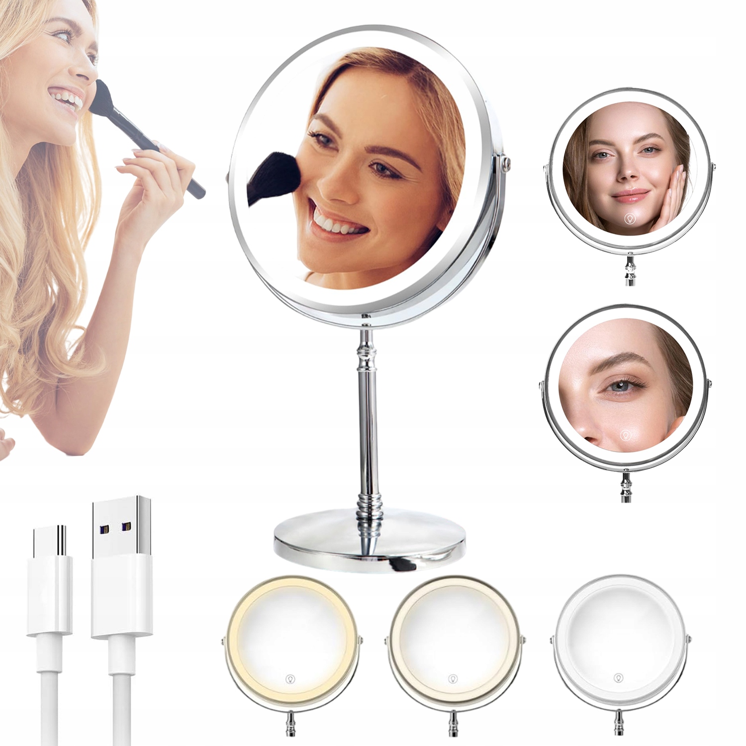 Led Podsvícené Kosmetické Zrcátko Otočné, Zvětšovací 1X/10X, 3 Kol