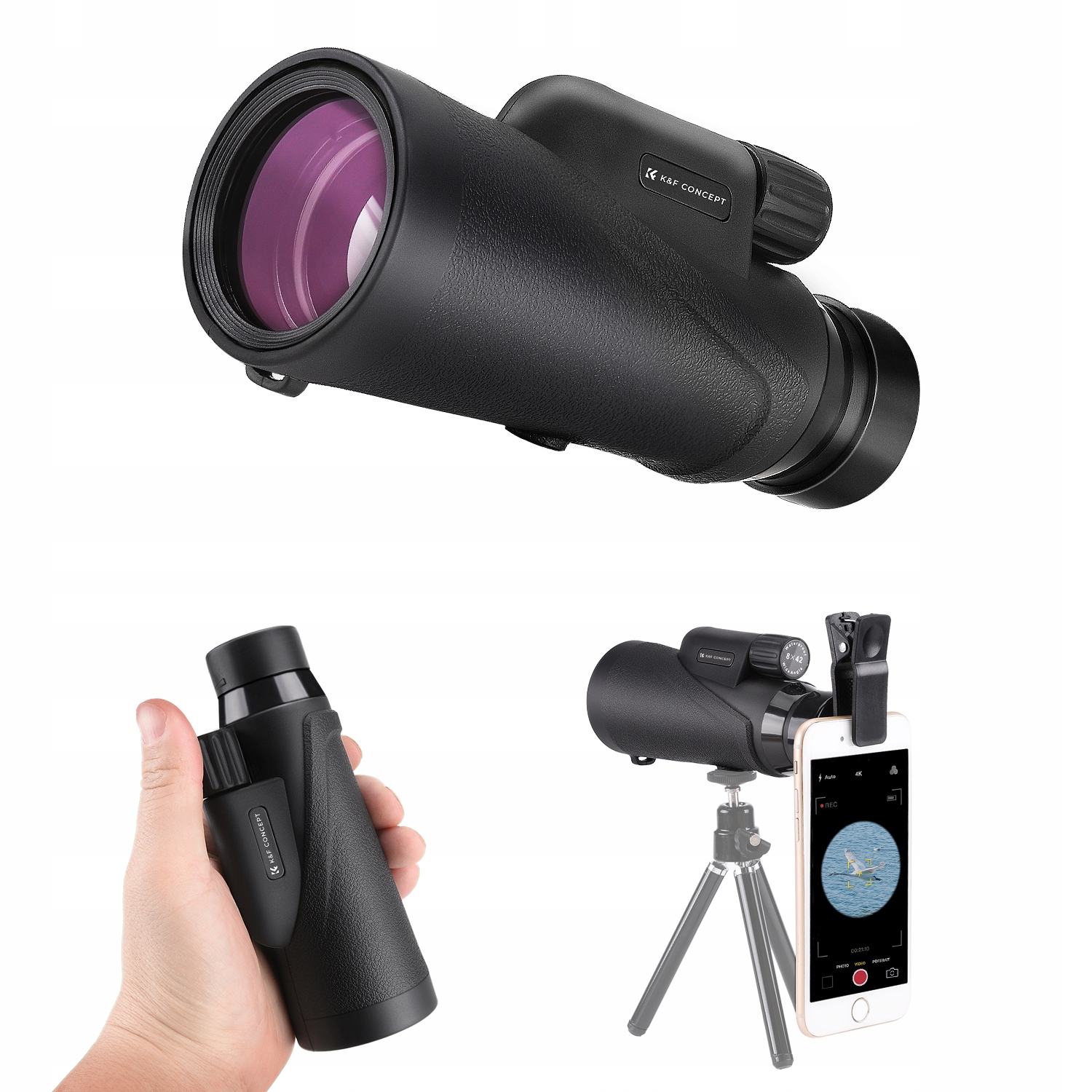 Monokular Luneta K&f Zoom 8x 42mm BaK4 IP65 Etui Statyw Uchwyt na Telefon