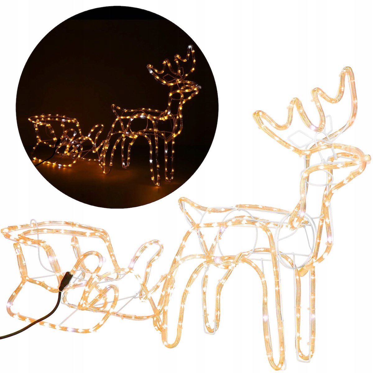 DUŻY ŚWIECĄCY RENIFER LED Z SANIAMI XXL 120cm 264 LED CIEPŁY BIAŁY + FLASH