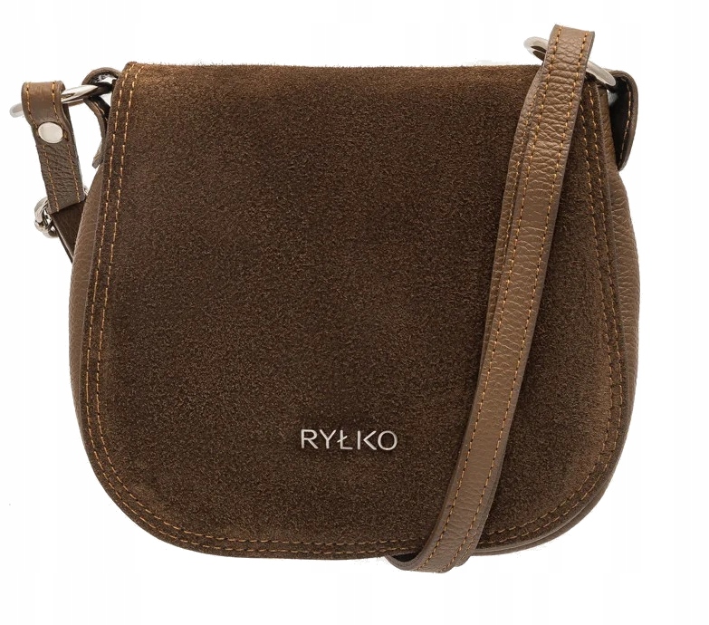 Brązowa mała damska torebka z klapą Ryłko naturalna skóra licowa i welurowa