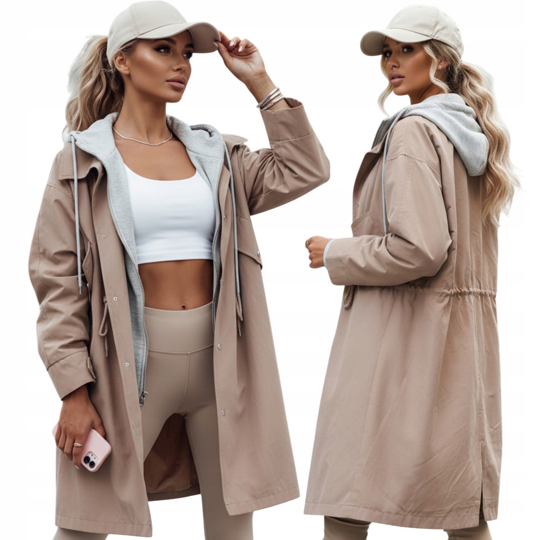 Kurtka parka damska z regulowanym nieodpinanym kapturem beżowa TY4295