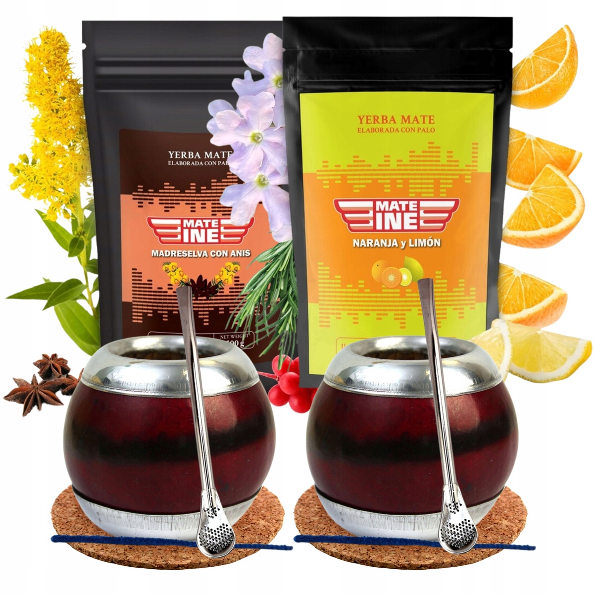 Levně Yerba Mate pro dva 2x 500 g Mateine Pomerančová a argentinské kalabasy s kováním