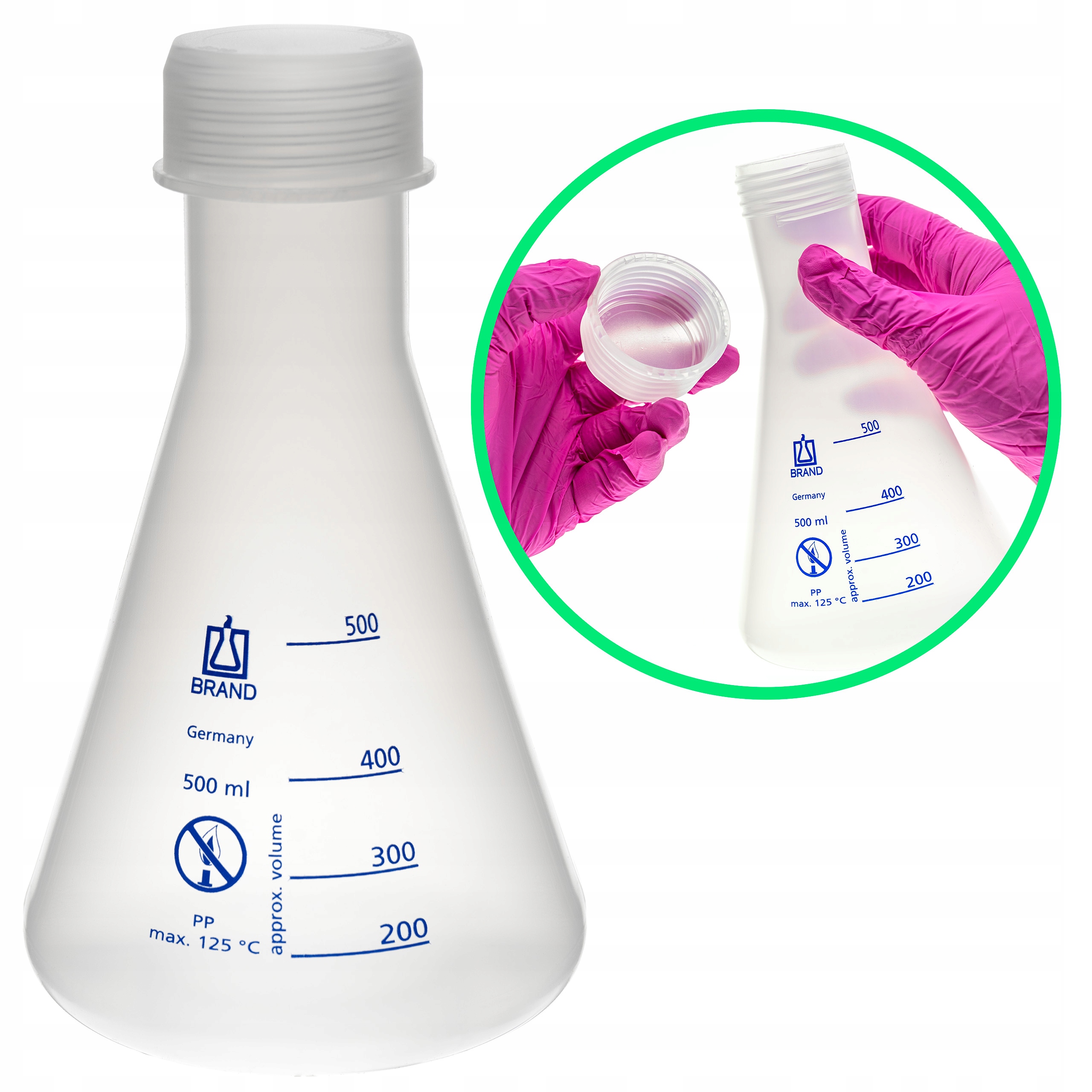 Kolba stożkowa typ Erlenmeyera plastikowa Pp z nakrętką poj. 500ml ze skalą