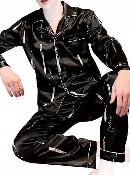 CZARNA PIŻAMA Z SATYNY GŁADKA SATYNA MĘSKA ROZPINANA PIŻAMA M