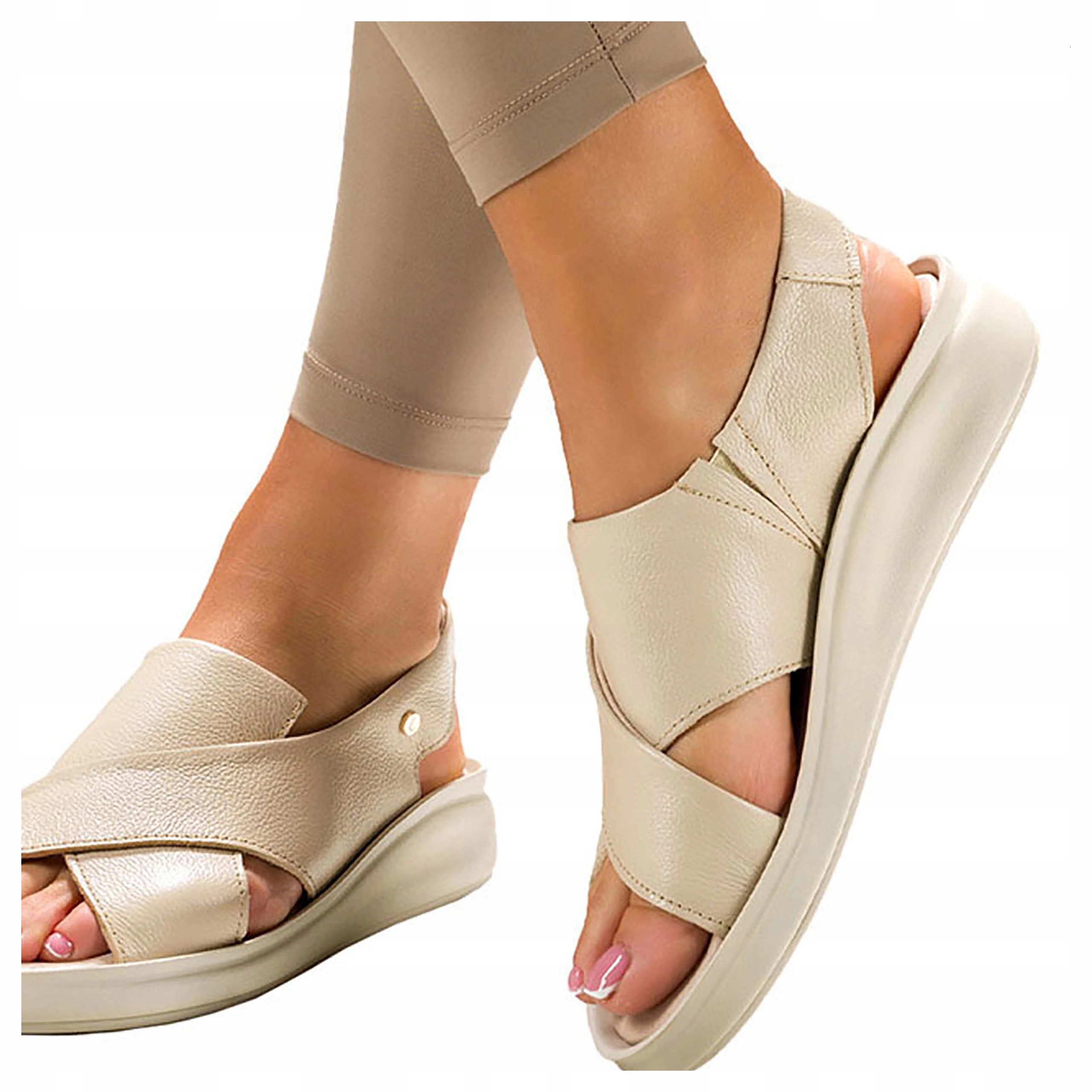 Kožené sandály béžové na klínku, pásky na kříži, Polský Výrobek, velikost 40