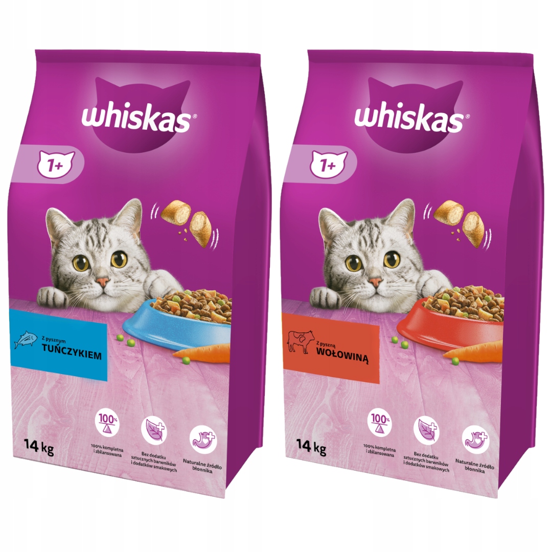 Levně Whiskas Adult Hovězí Maso, Adult Tuňák 2x 14 kg