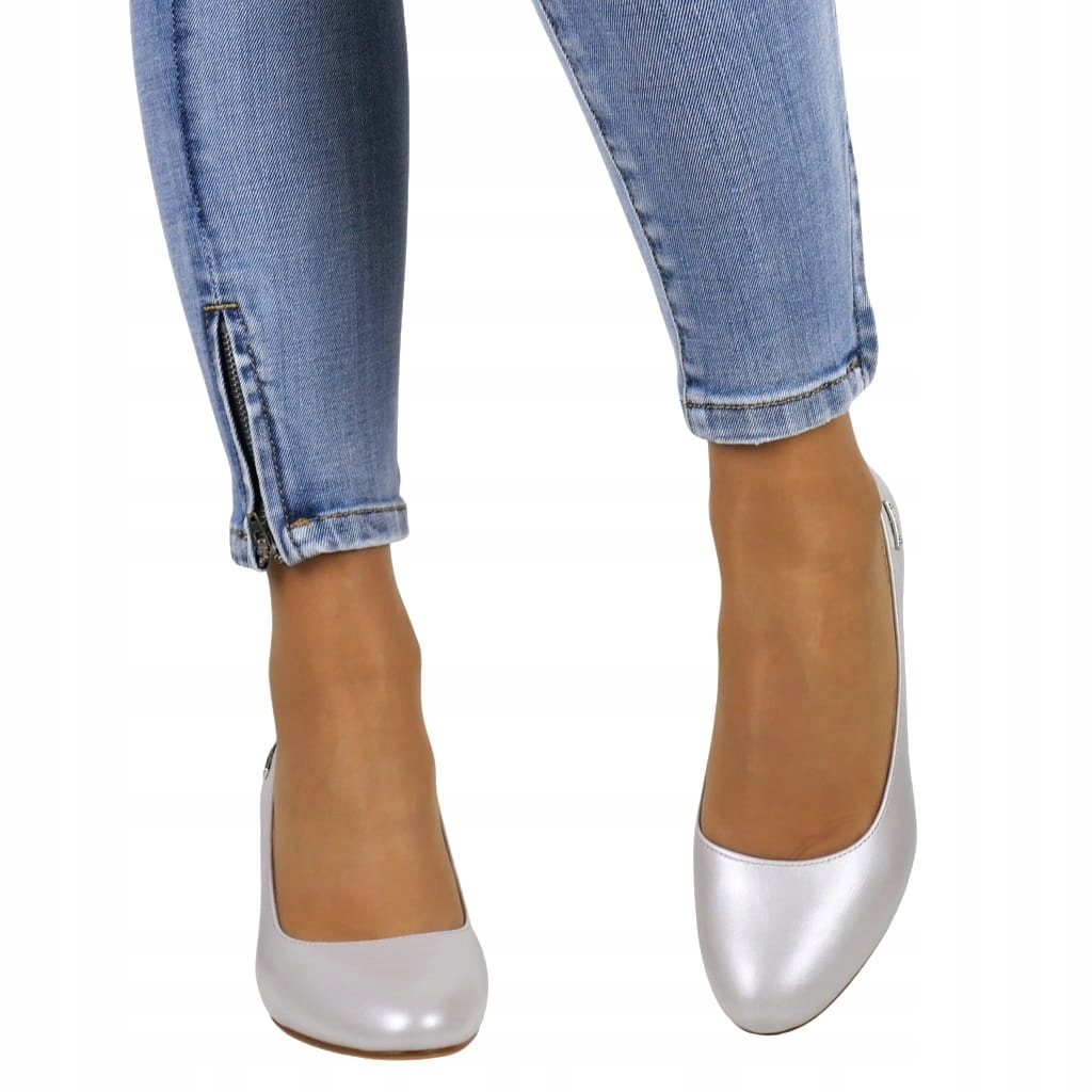 DAMSKIE CZÓŁENKA BUTY NA OBCASIE STABILNE SREBRNE PERŁOWE KARBOWANY OBCAS