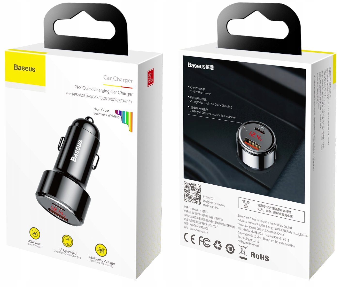 Szybka ładowarka samochodowa 45W 6A Baseus Magic PPS QC 4.0 USB, USB typ C Kolor czarny