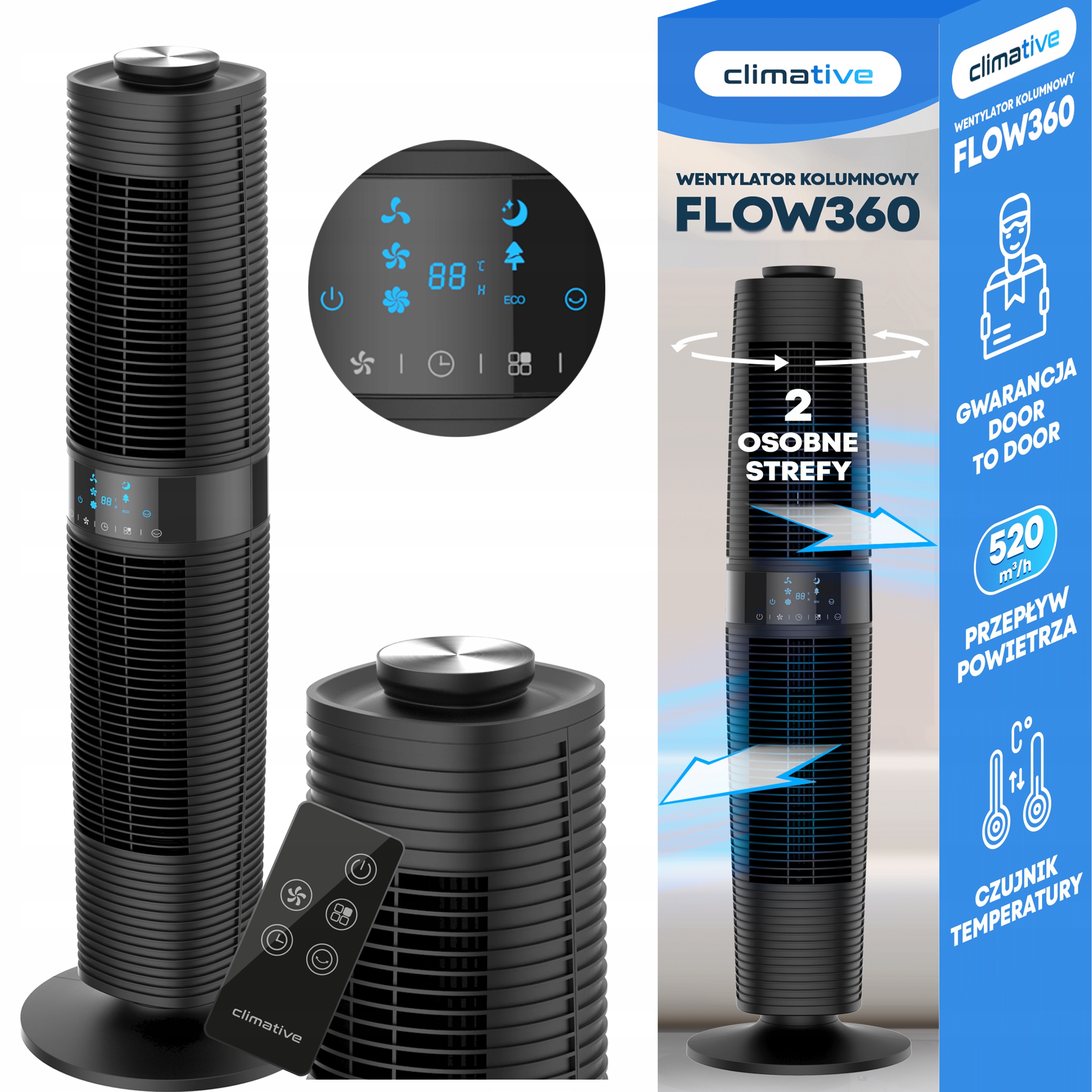 Stĺpový Ventilátor Dvojzónový Silný Tichý Pilot Časovač 97 cm Flow360 XXL