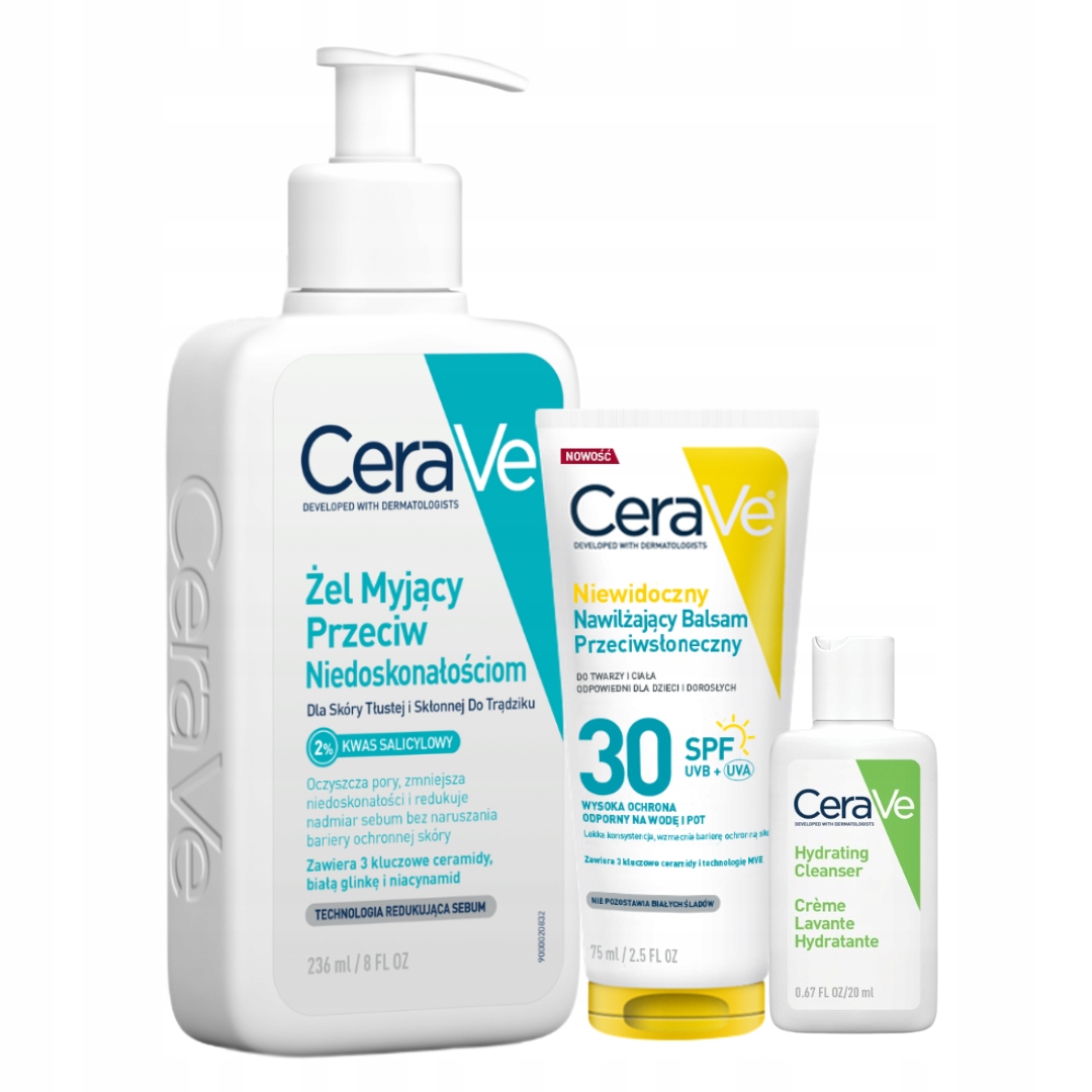 CeraVe Żel myjący na niedoskonałości 236ml, Balsam SPF30 lekka formuła 75ml