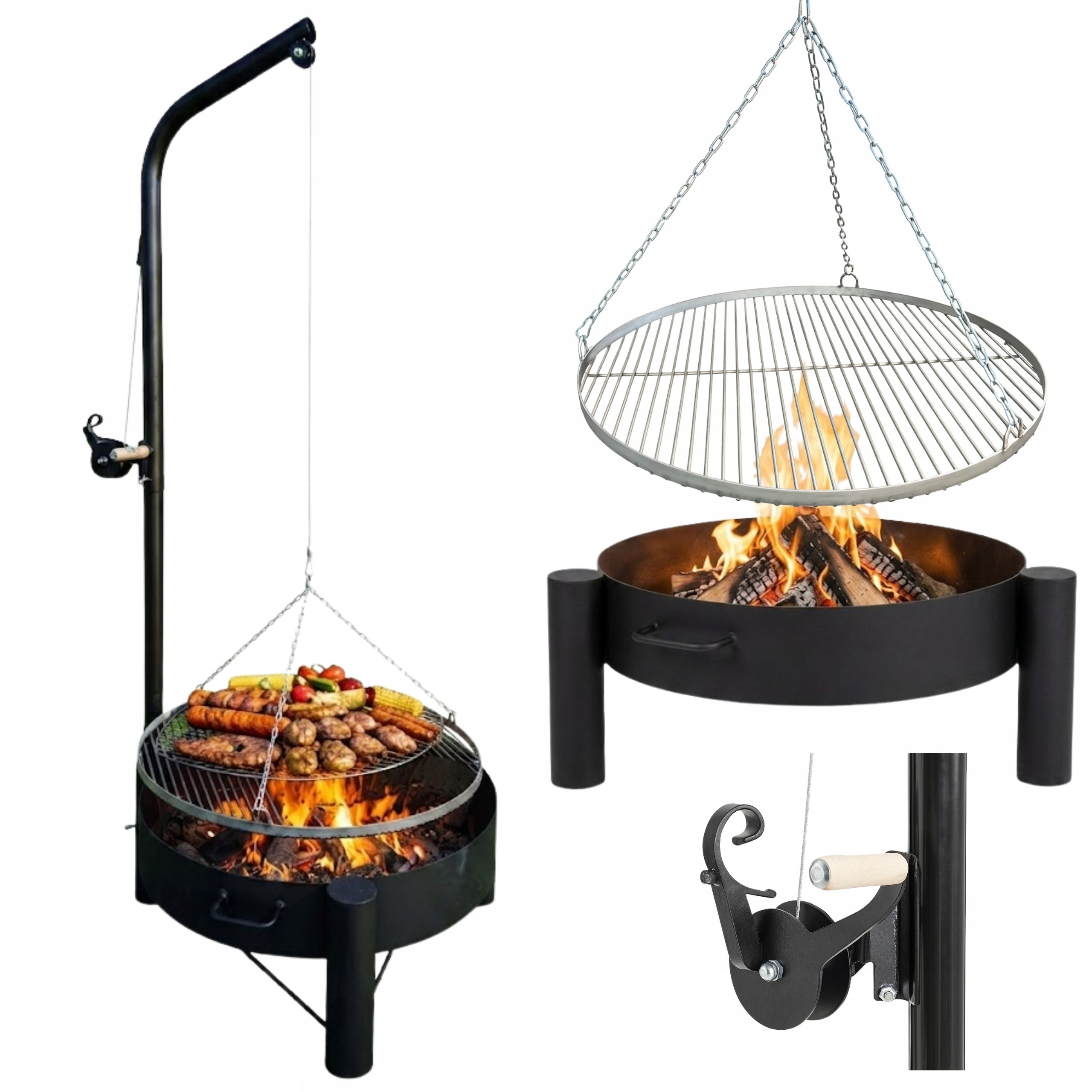 Ogrodowy grill żuraw obrotowy z paleniskiem 70 cm ruszt nierdzewny stalowy