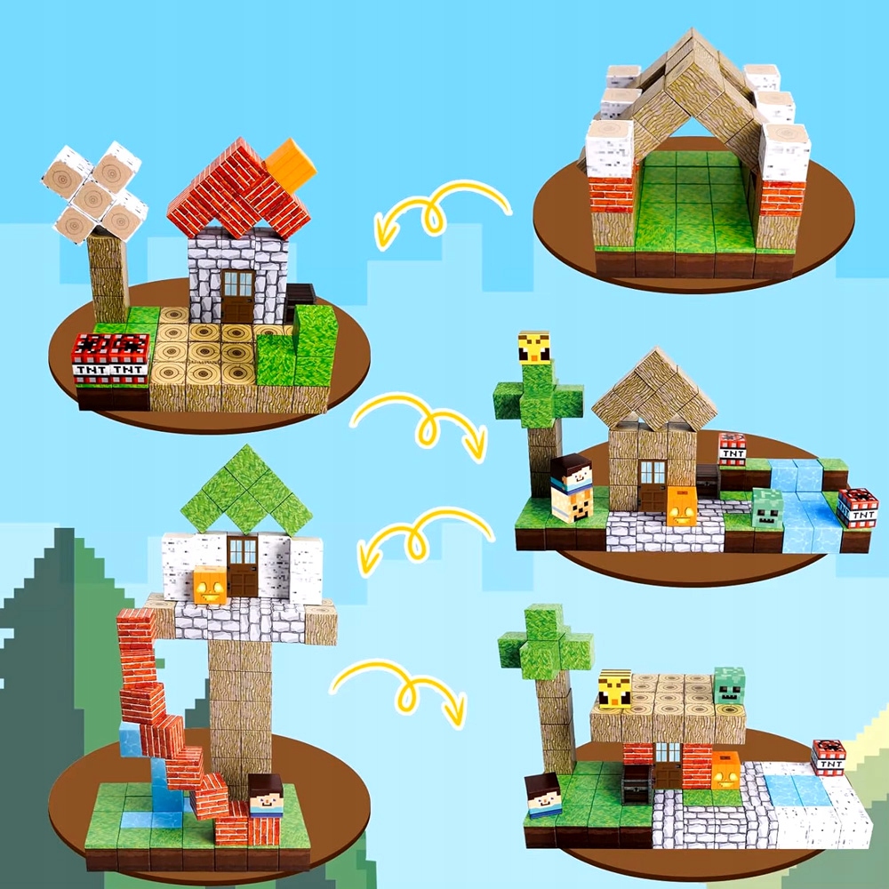MAGNETINIŲ KALADĖLIŲ RINKINYS KAIP MINECRAFT 150 KALADĖLIŲ 6 FIGŪRĖLĖS DĖŽUTĖ CREEPER Detalių skaičius 150