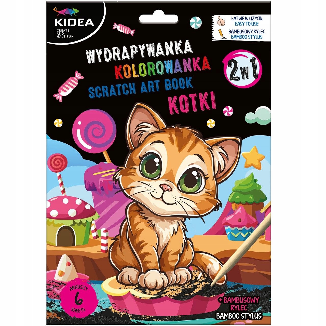 Wydrapywanka z Kolorowanką KOTKI 6 Arkuszy z Rysikiem Kidea