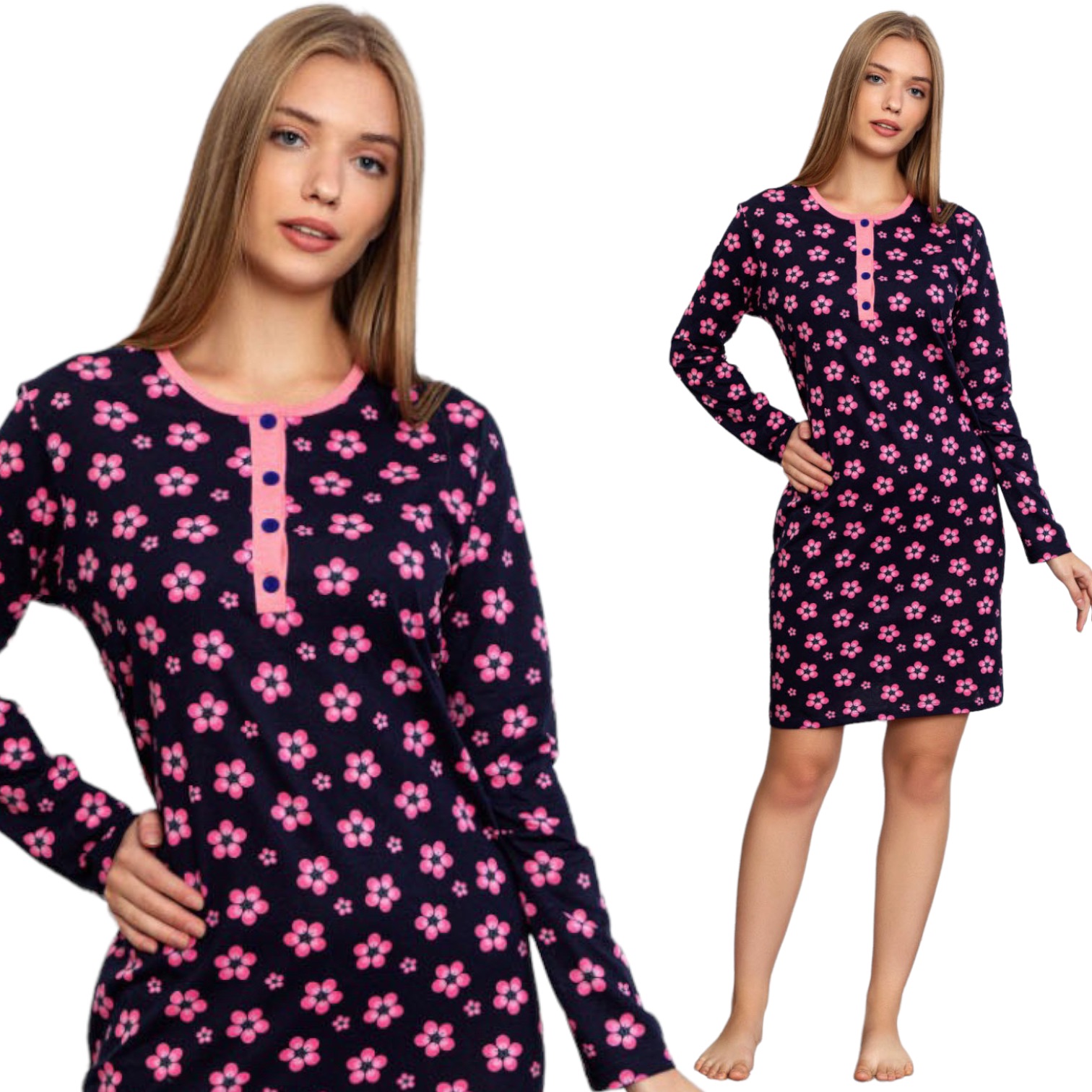 KOSZULA NOCNA DŁUGI RĘKAW/ 4 GUZIKI 100%BAWEŁNA