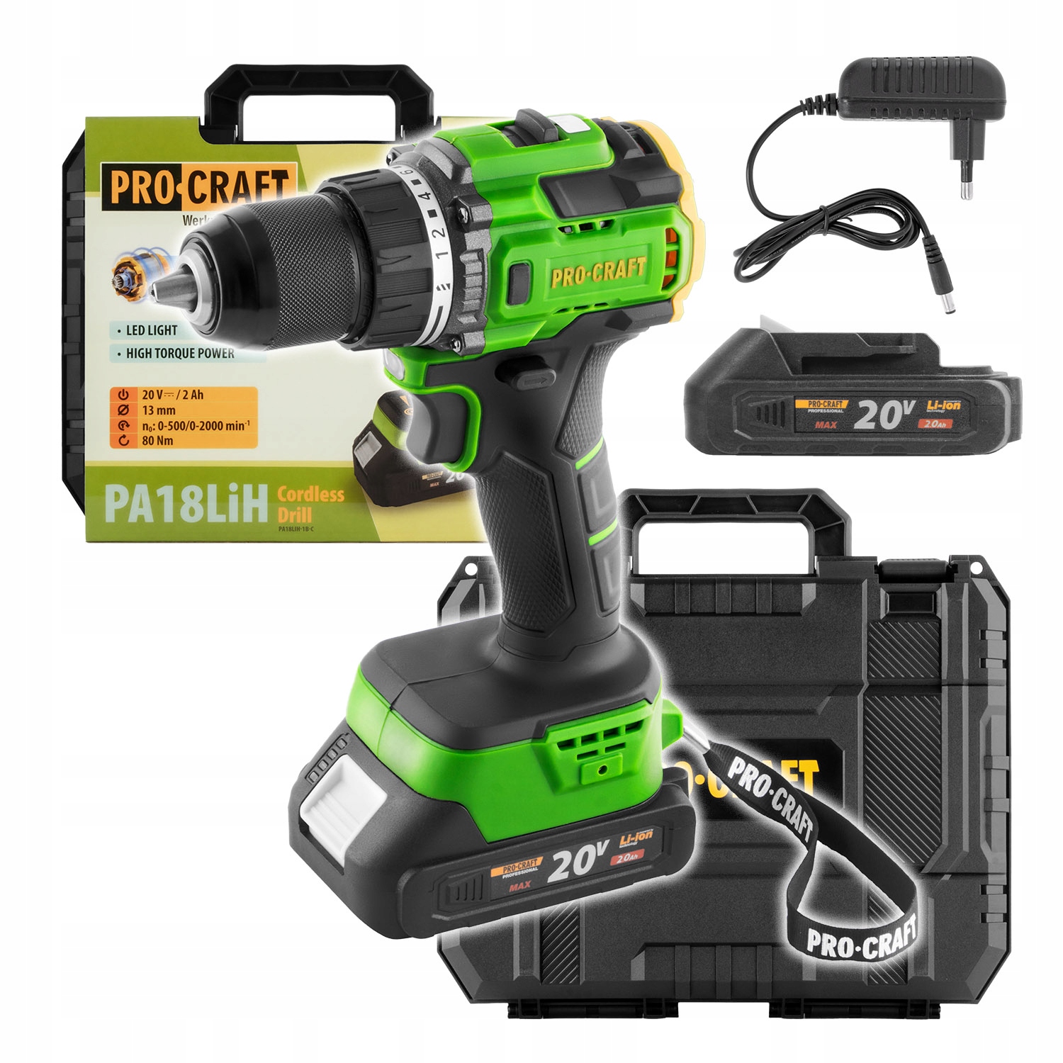 Procraft PA18LIH-1B-C Wiertarko-wkretarka 20V 80NM Led 2 Biegi