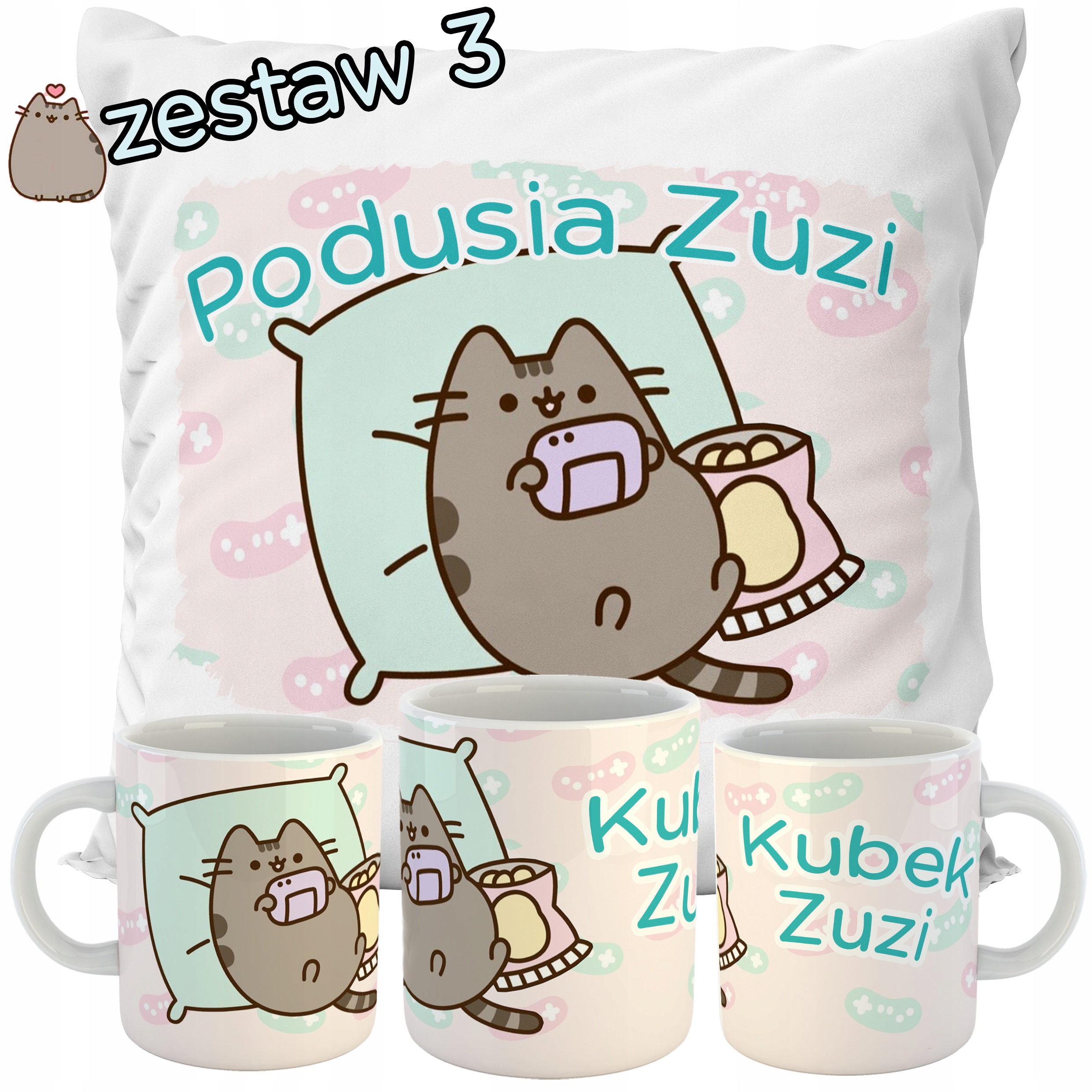 ZESTAW PODUSZKA + KUBEK PUSHEN CAT + IMIĘ PREZENT URODZINY DZIEŃ DZIECKA Szerokość produktu 40 cm