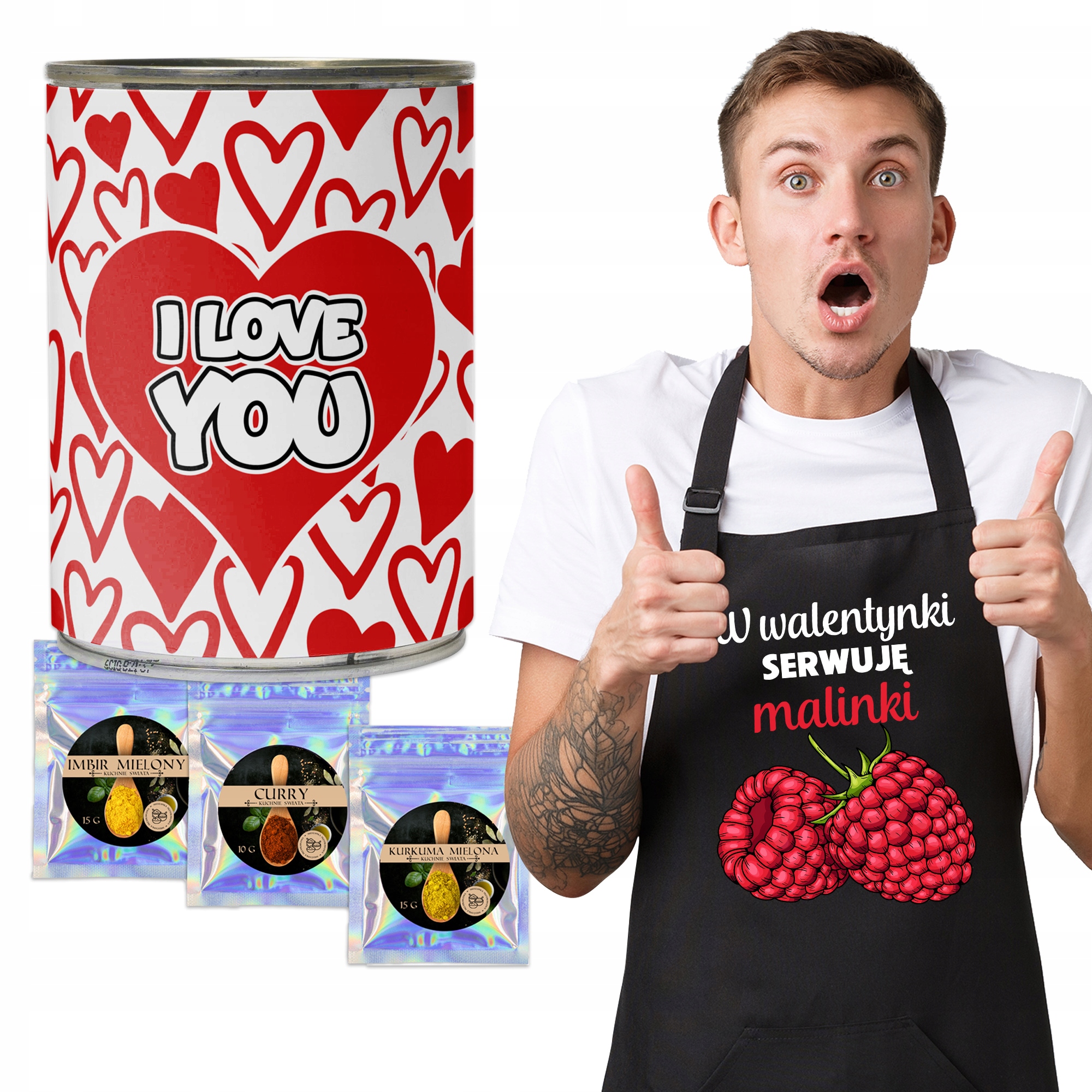 Valentýnský set Zábavná zástěra uzavřená v plechovce koření Bonus