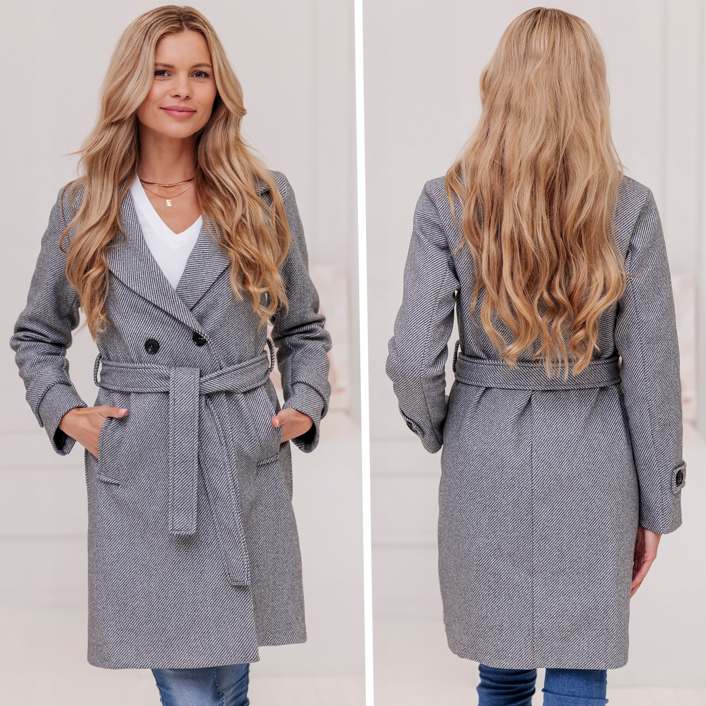 PRĄŻKOWANY PŁASZCZ Z PASKIEM PRZEJŚCIOWY JESIENNY ZIMOWY DAMSKI Z WEŁNĄ XXL Rozmiar XXL